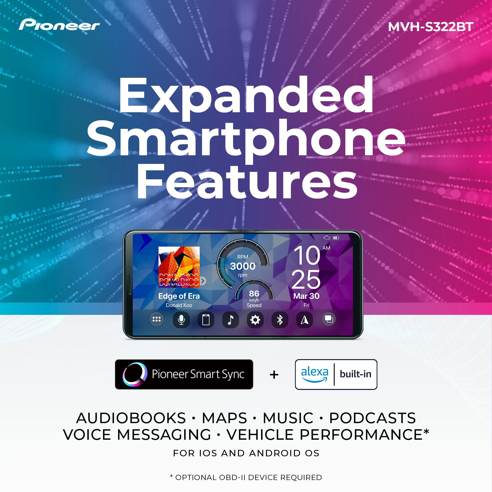 Pioneer MVH-S322BT Expanded Smartphone Features: Edge of Era, Donald Koo, RPM 3000 rpm, 86 kmyh Speed, AM 10 25 Mar 30 Fri, Pioneer Smart Sync, alexa built-in, AUDIOBOOKS, MAPS, MUSIC, PODCASTS, VOICE MESSAGING, VEHICLE PERFORMANCE, FOR IOS AND ANDROID OS, OPTIONAL OBD-II DEVICE REQUIRED.