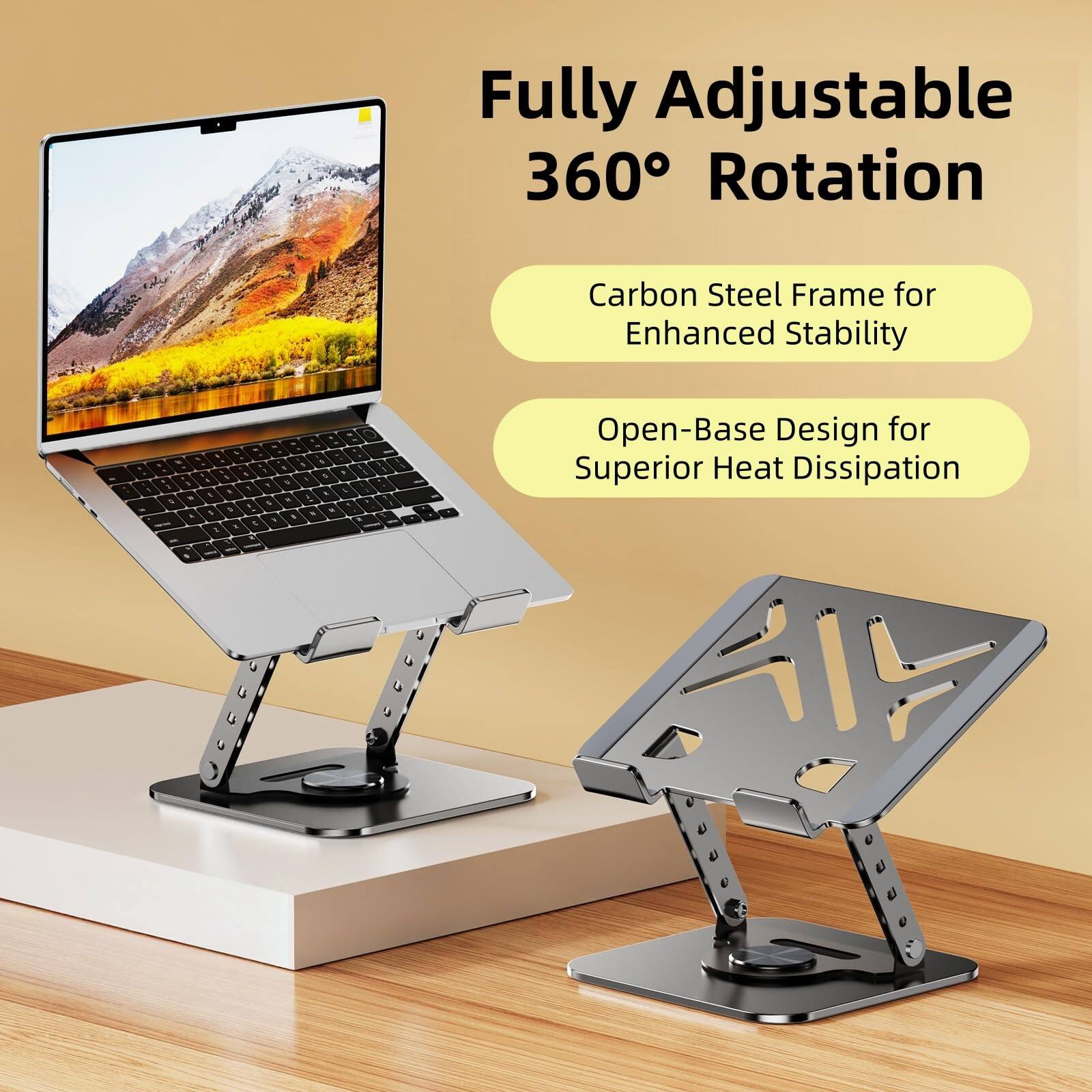 Fully Adjustable 360° Rotation Carbon Steel Frame for Enhanced Stability  
Open-Base Design for Superior Heat Dissipation