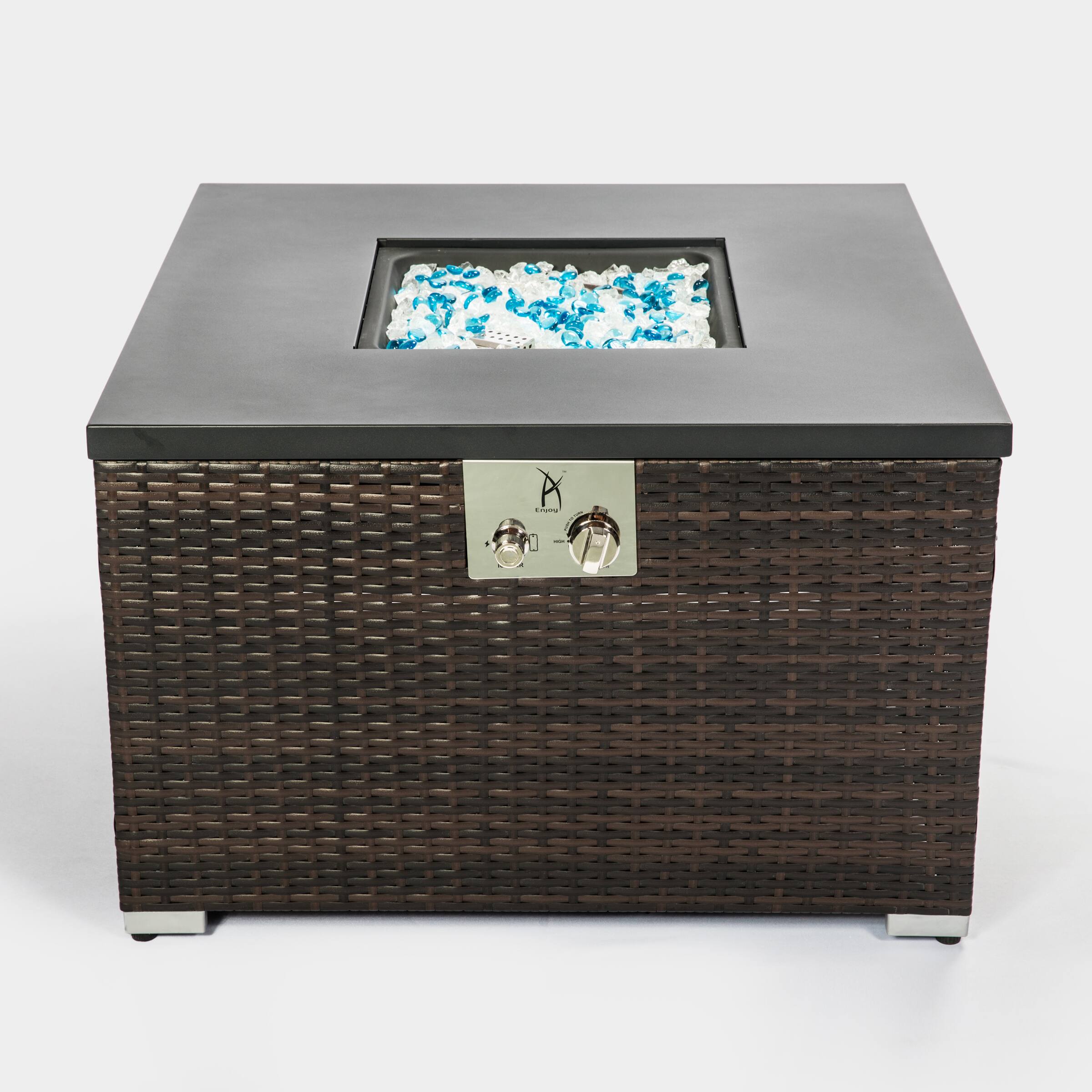 Back. APRILSOUL - Outdoor Gas Fire Pit Square Dark Brown Wicker Fire Pit Table Propane Fire Table - Brown.