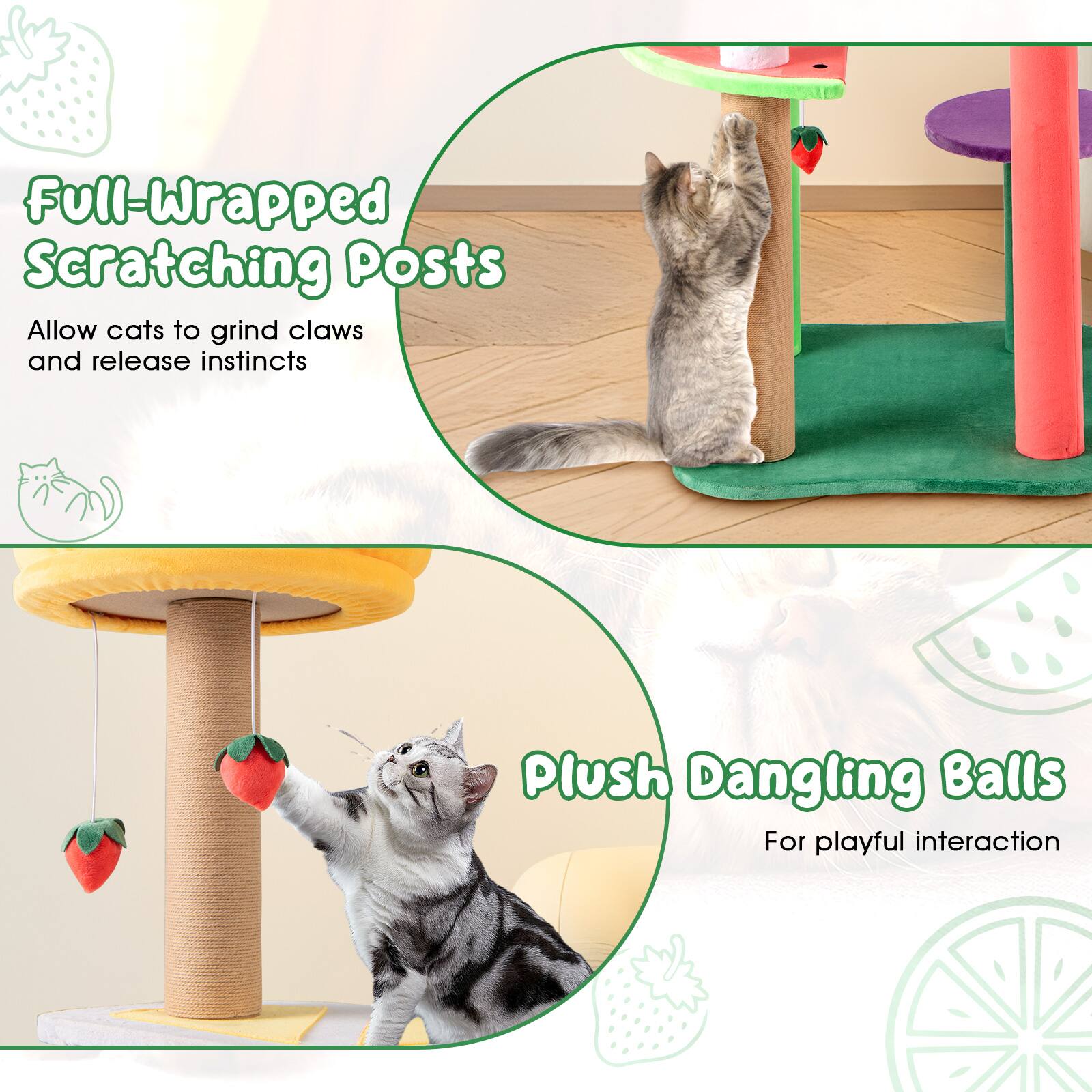 Full-Wrapped Scratching Posts  
Allow cats to grind claws and release instincts  

Plush Dangling Balls  
For playful interaction