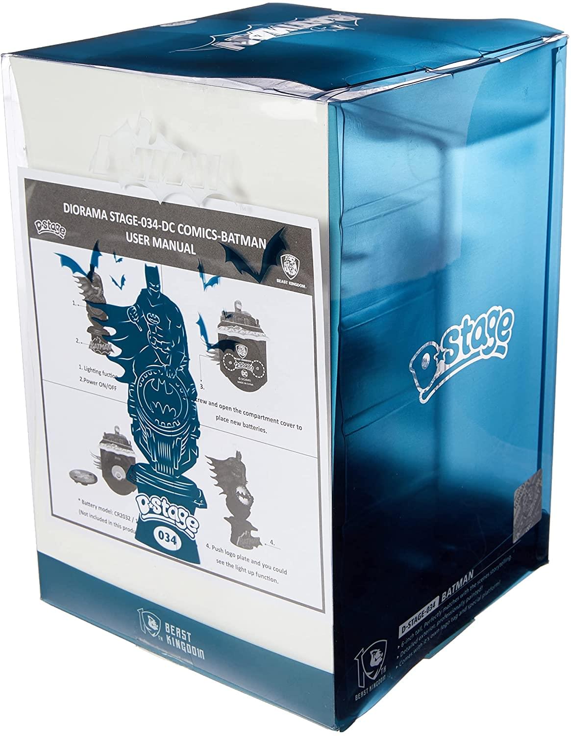 DIORAMA STAGE-034-DC COMICS-BATMAN  
USER MANUAL  

1. Lighting fluctuation  
2. Power ON/OFF  
3. Open the compartment cover and place new batteries.  
   - Battery model: CR2032 (Not included in this product)  
4. Push logo plate and you could see the light up function.  

Model: ostage  
034  

BATMAN  
BERST KINGDOM  
D-STAGE-034  
BERST KINGDOM