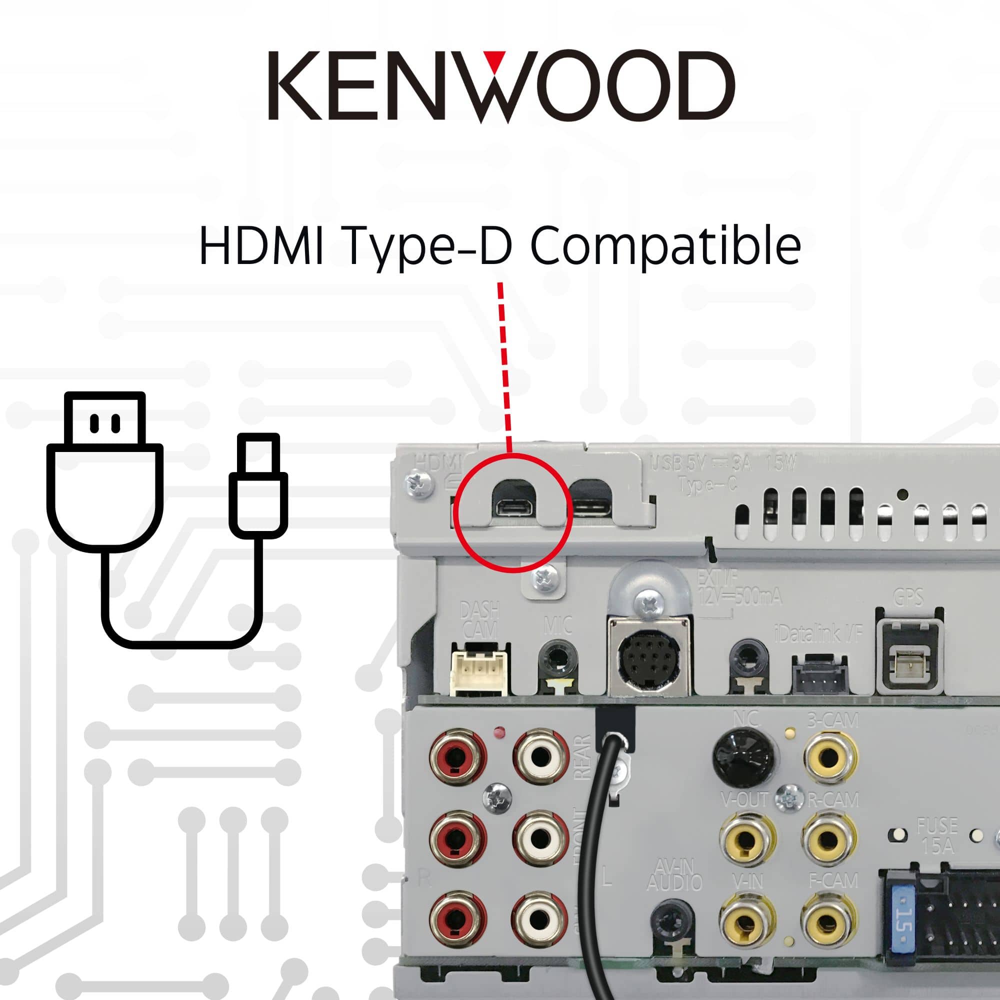 KENWOOD HDMI Type-D Compatible HDIXI S USB S/-9 6V/ 5M T- DASH CAV VC E0 2V=500mA Datalink F GPS 0C REAR ONT L NC V-OUT AV-IN AUDIO V-IN 3-CAM R-CAM F-CAM FUSE 15A