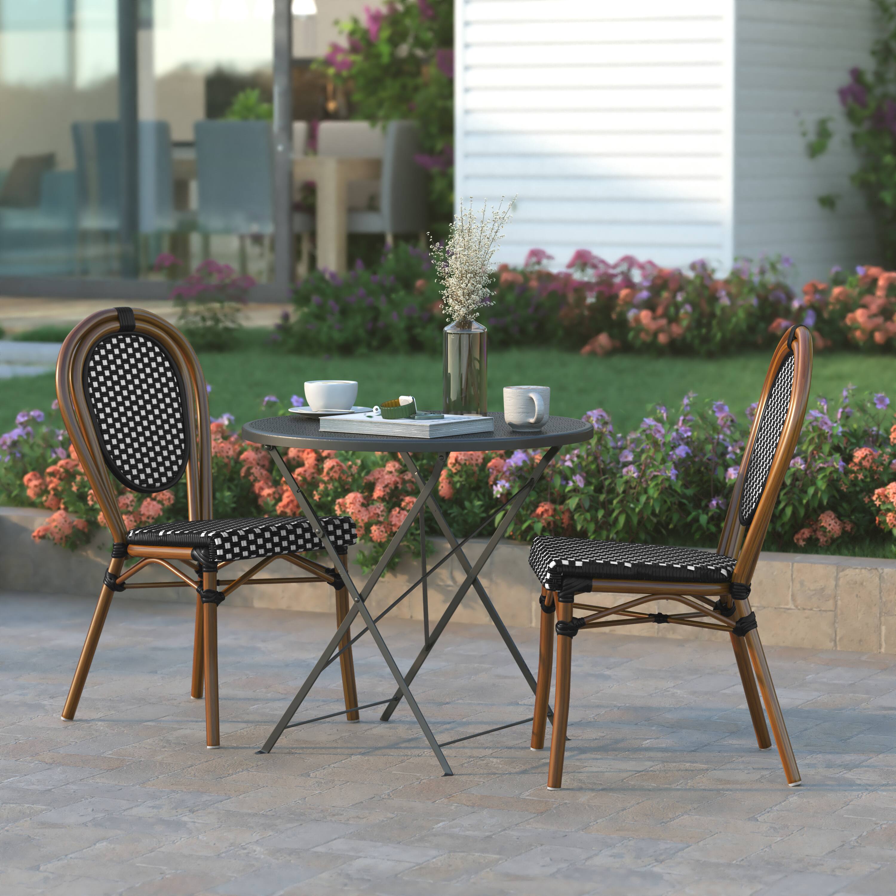 Alt View 4. Emma + Oliver - Colmar Set of Two Indoor/Outdoor Stacking Thonet Bistro Style Chairs with PE Rattan Seat and Finished Metal Frame - Black & White/Natural Frame.