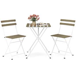 Costway - 3 PCS Patio Acacia Wood Bistro Set Bistro Table with 2 Folding Chairs Slatted Seat - Gray