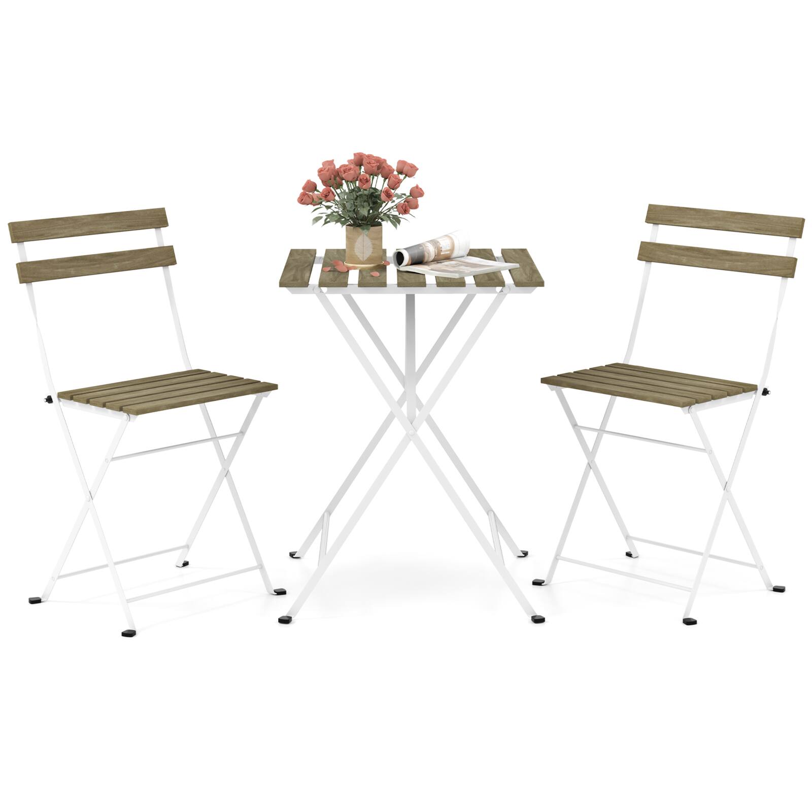 Front. Costway - Costway 3 PCS Patio Acacia Wood Bistro Set Bistro Table with 2 Folding Chairs Slatted Seat - Gray.