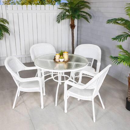 Front. LB International - 5-Piece White Resin Wicker Patio Dining Set - 39" - White.
