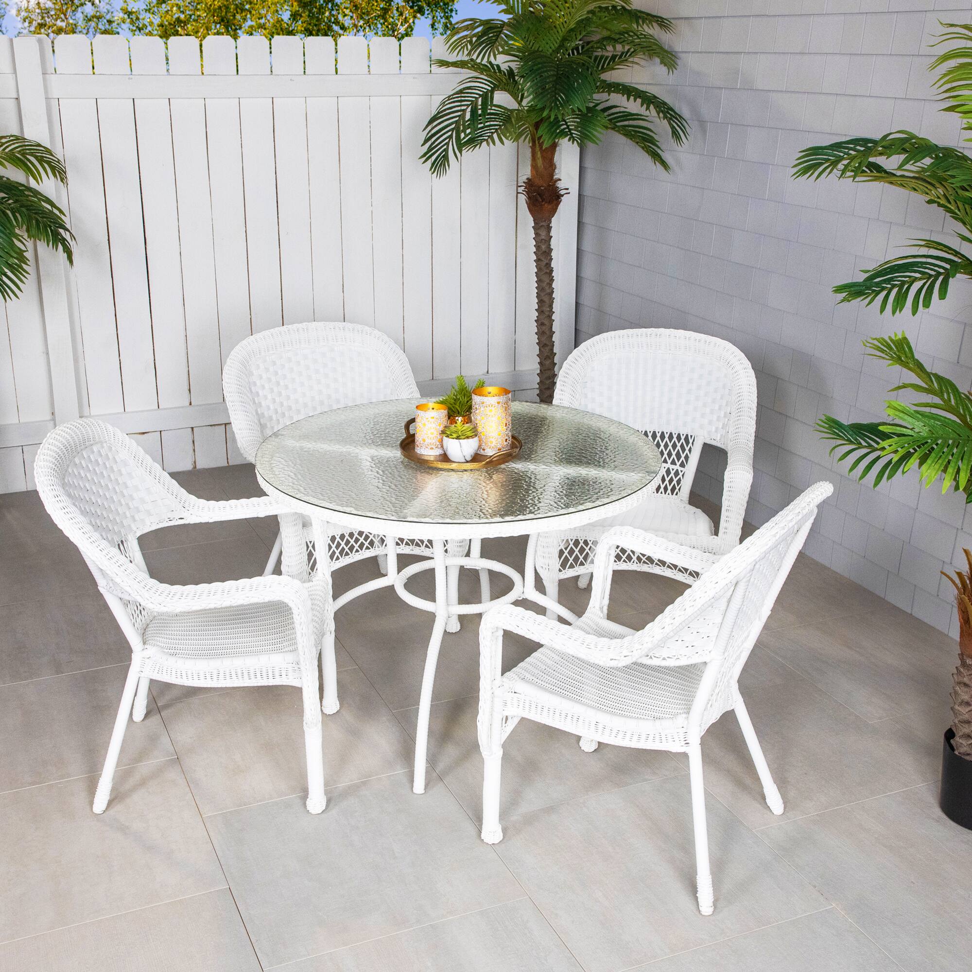 Front. LB International - 5-Piece White Resin Wicker Patio Dining Set - 39" - White.