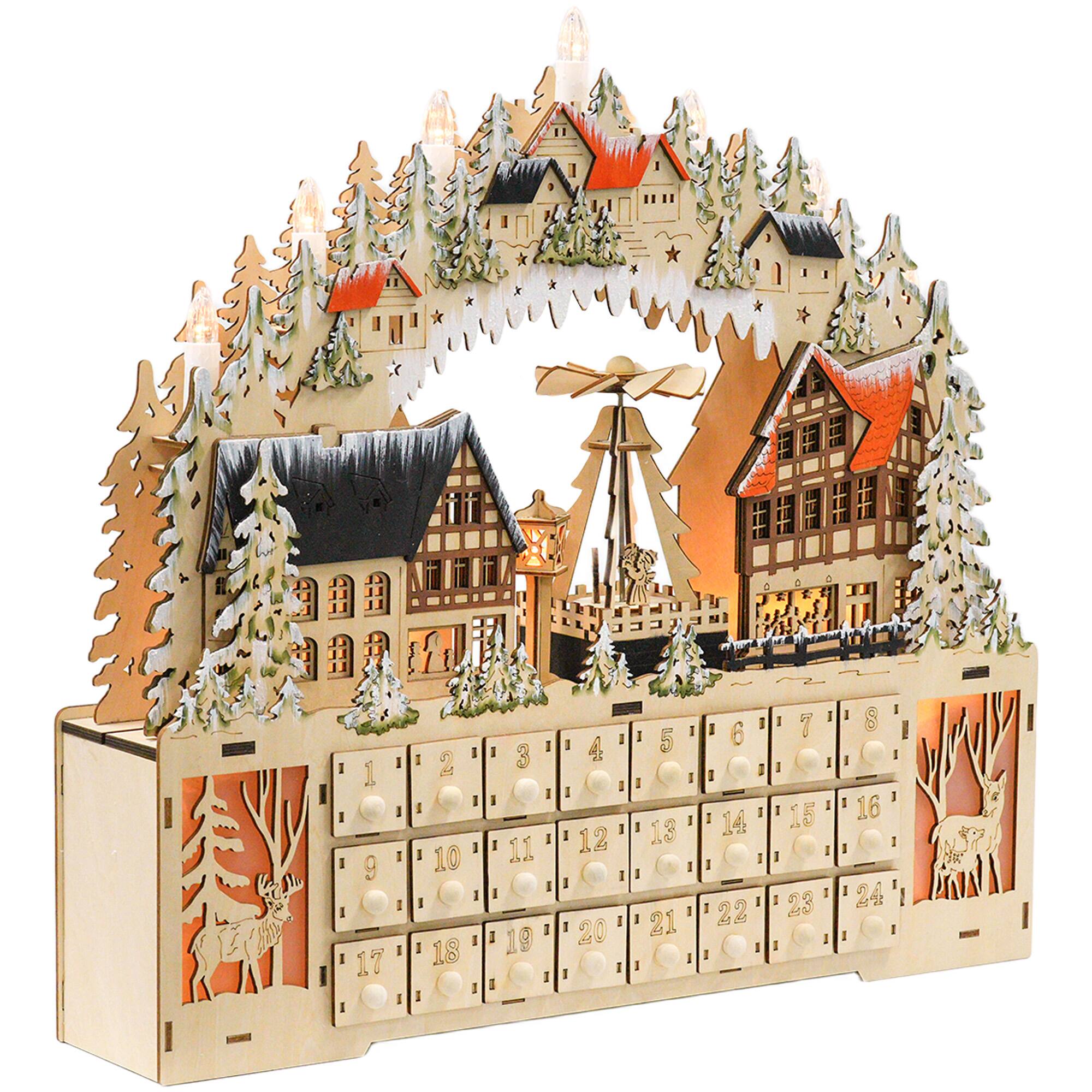 Front. Homcom - Christmas Advent Calendar, Light Up Reusable Decor w/ 24 Fillable Drawers & LEDs, Nature Wood - Natural Wood.