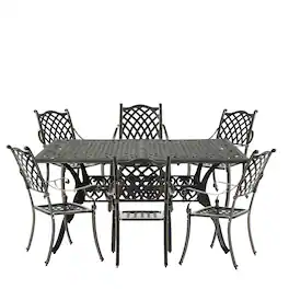 Mondawe - 7-Piece Cast Aluminum Dining Set with Rectangle Table and 6 Checkered Weave Chairs - Bronze