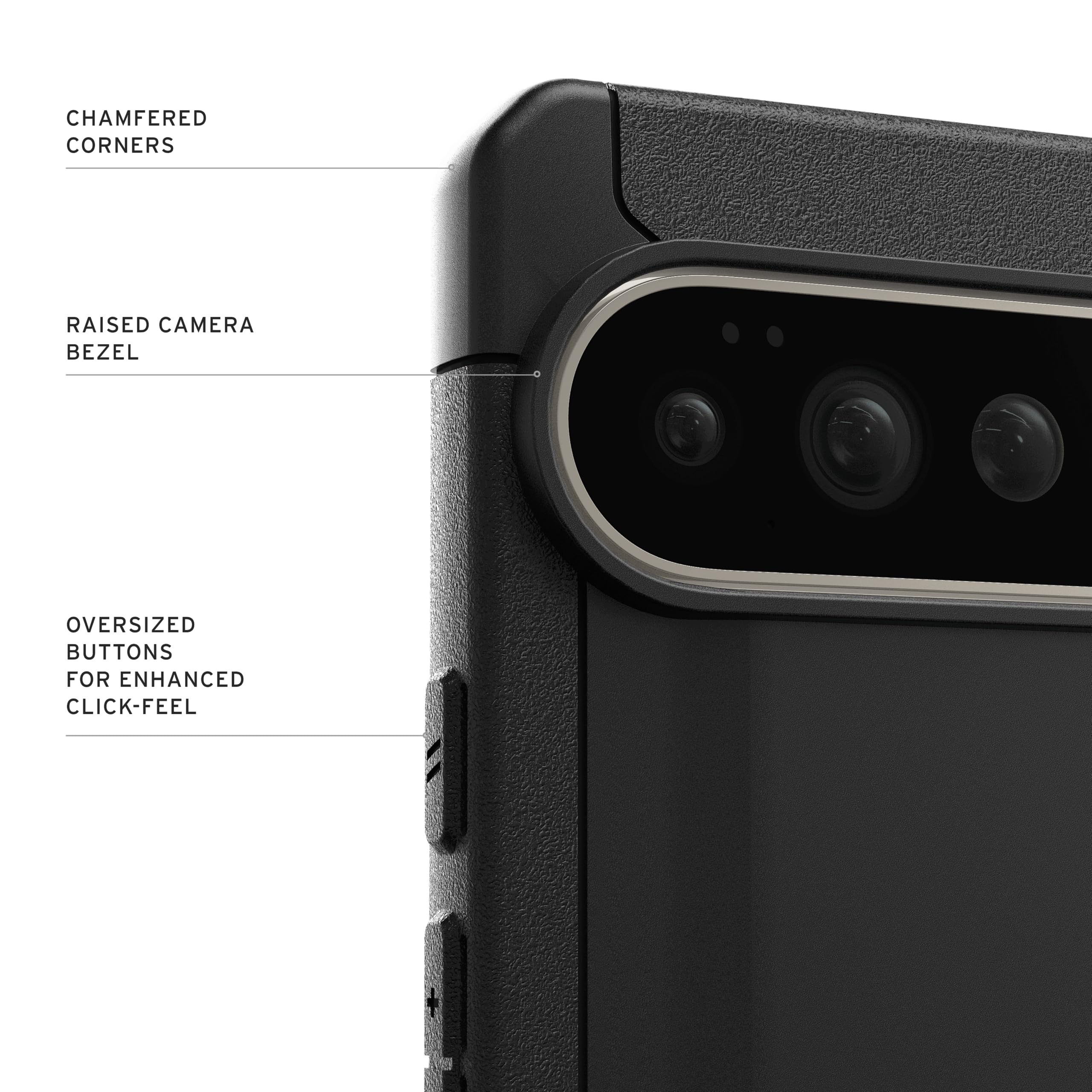 CHAMFERED CORNERS  
RAISED CAMERA BEZEL  
OVERSIZED BUTTONS FOR ENHANCED CLICK-FEEL