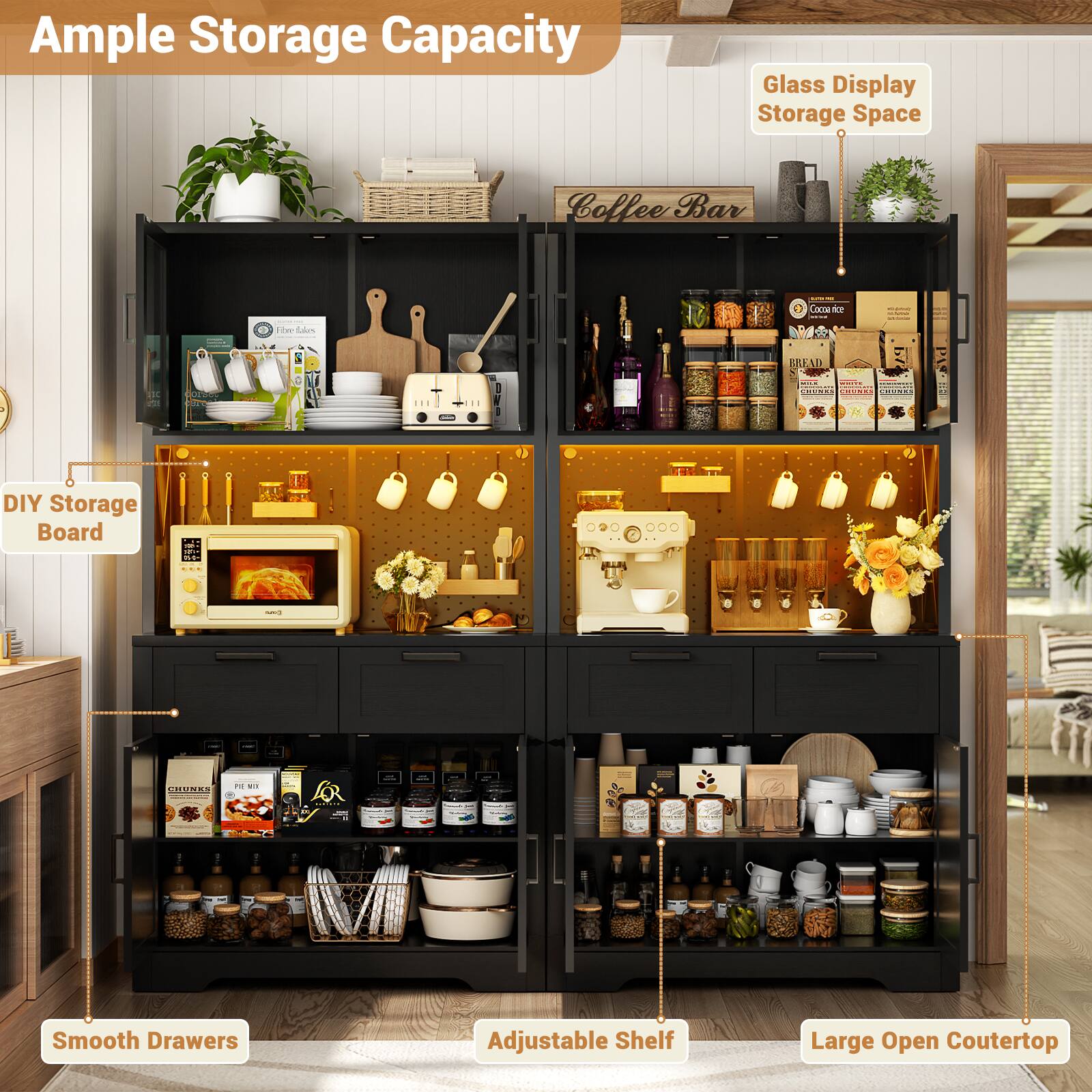 Ample Storage Capacity

Glass Display Storage Space

DIY Storage Board

Smooth Drawers

Adjustable Shelf

Large Open Countertop