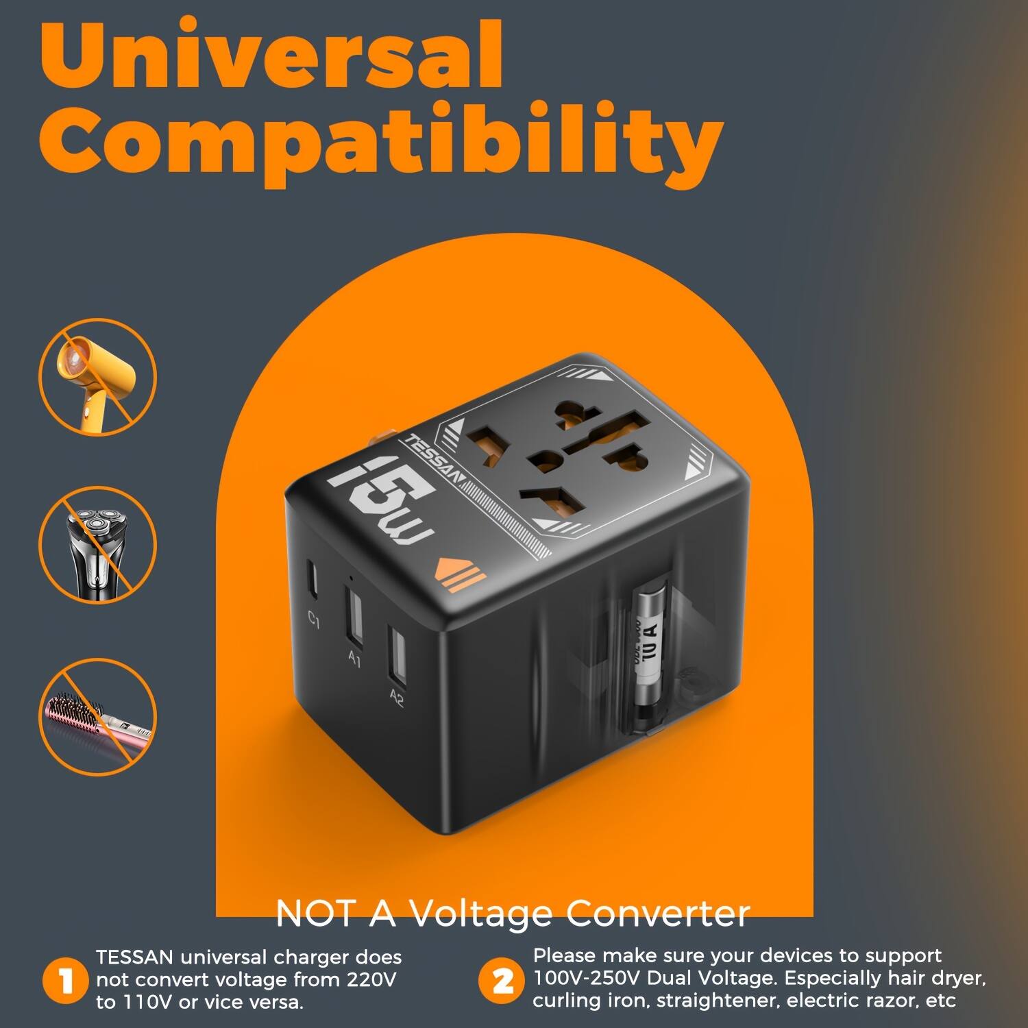 Universal Compatibility

TESSAN 15W CI A1 R2 A

NOT A Voltage Converter

TESSAN universal charger does not convert voltage from 220V to 110V or vice versa.

Please make sure your devices support 100V-250V Dual Voltage. Especially hair dryer, curling iron, straightener, electric razor, etc.