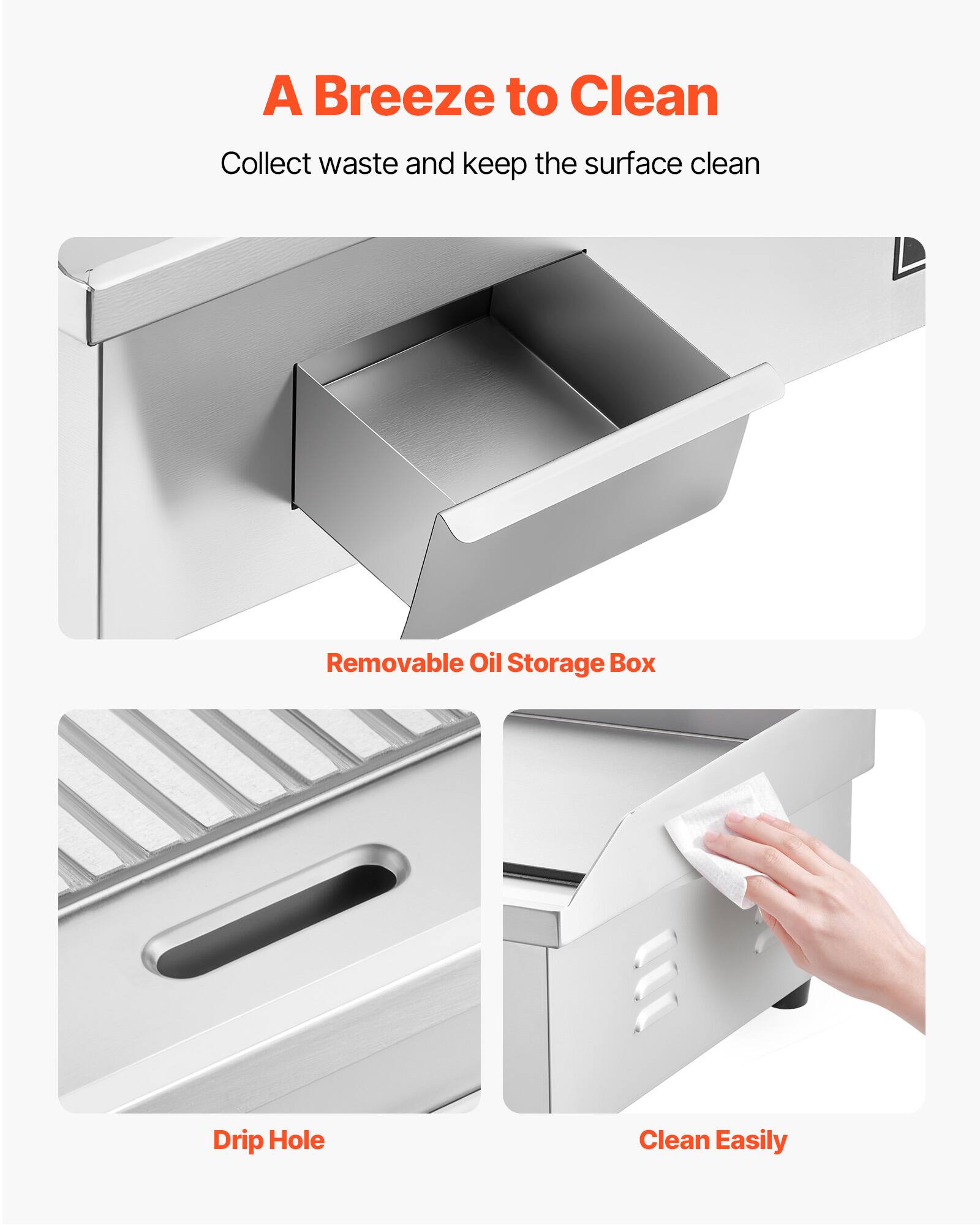 A Breeze to Clean  
Collect waste and keep the surface clean  

Removable Oil Storage Box  

Drip Hole  

Clean Easily