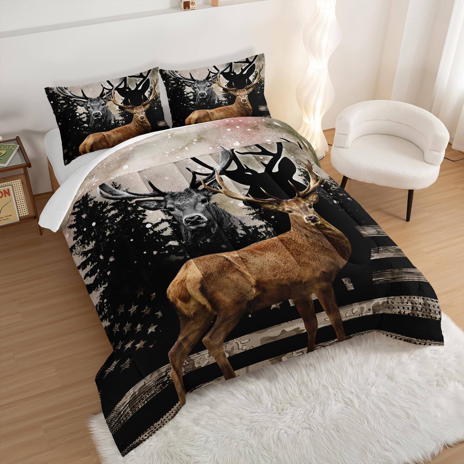 Alt View 3. Wikistore - WIKISTORE Snowy Forest Deer Comforter Set Full Size Camo American Flag Hunting Bedding with 2 Pillowcases - As Picture.