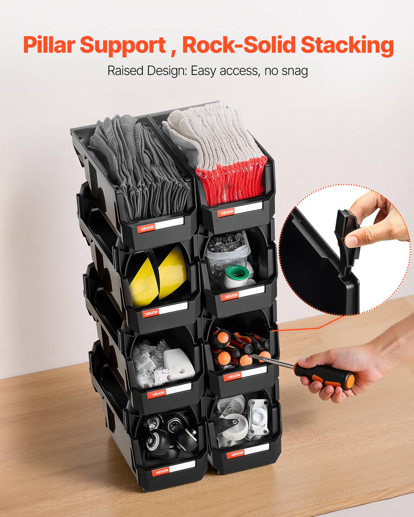 Pillar Support, Rock-Solid Stacking  
Raised Design: Easy access, no snag