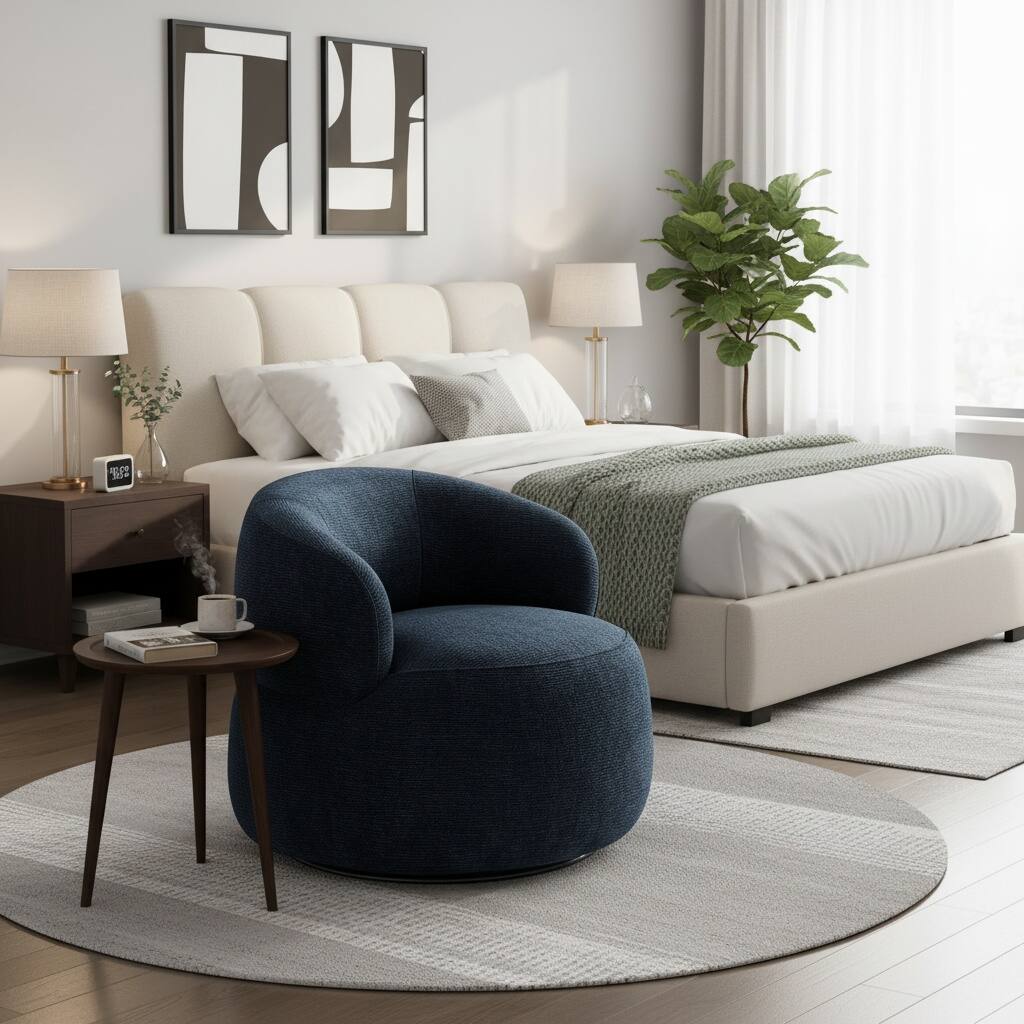 Left. Forest'nSky - Blue Modern Swivel Accent Chair, Round  Upholstered Barrel Chair with Plush Foam Cushion, Solid Wood Base - Blue.