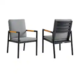 Armen Living - Royal Black Aluminum and Teak Outdoor Dining Chair with Fabric - Set of 2 - Dark Gray