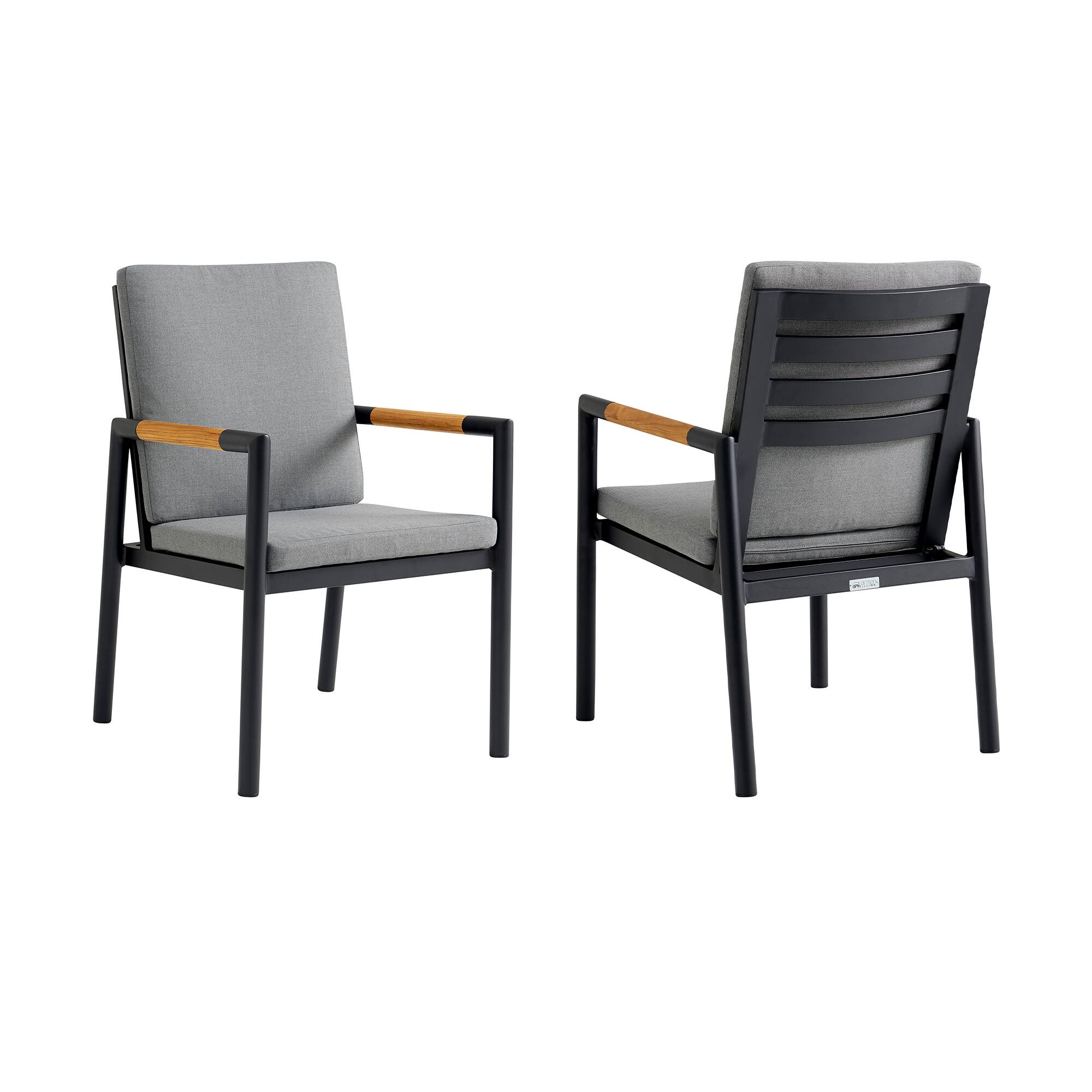 Front. Armen Living - Royal Black Aluminum and Teak Outdoor Dining Chair with Dark Gray Fabric - Set of 2 - Dark Gray.