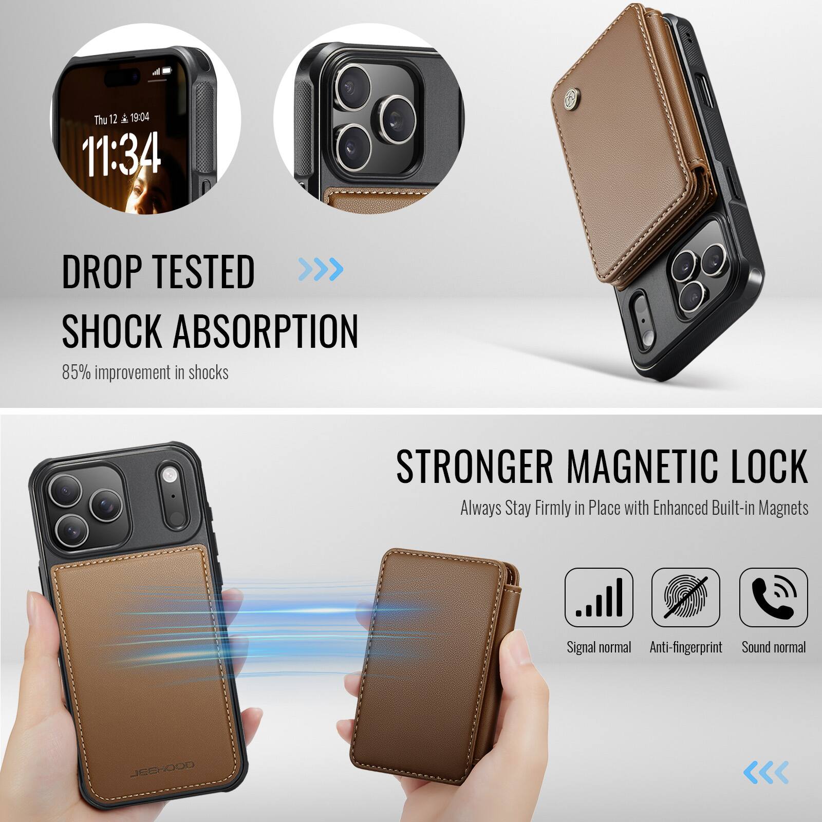 Thu 12 A 19:04 11:34

DROP TESTED >>> SHOCK ABSORPTION  
85% improvement in shocks

STRONGER MAGNETIC LOCK  
Always Stay Firmly in Place with Enhanced Built-in Magnets

Signal normal  
Anti-fingerprint  
Sound normal

JESHOOD