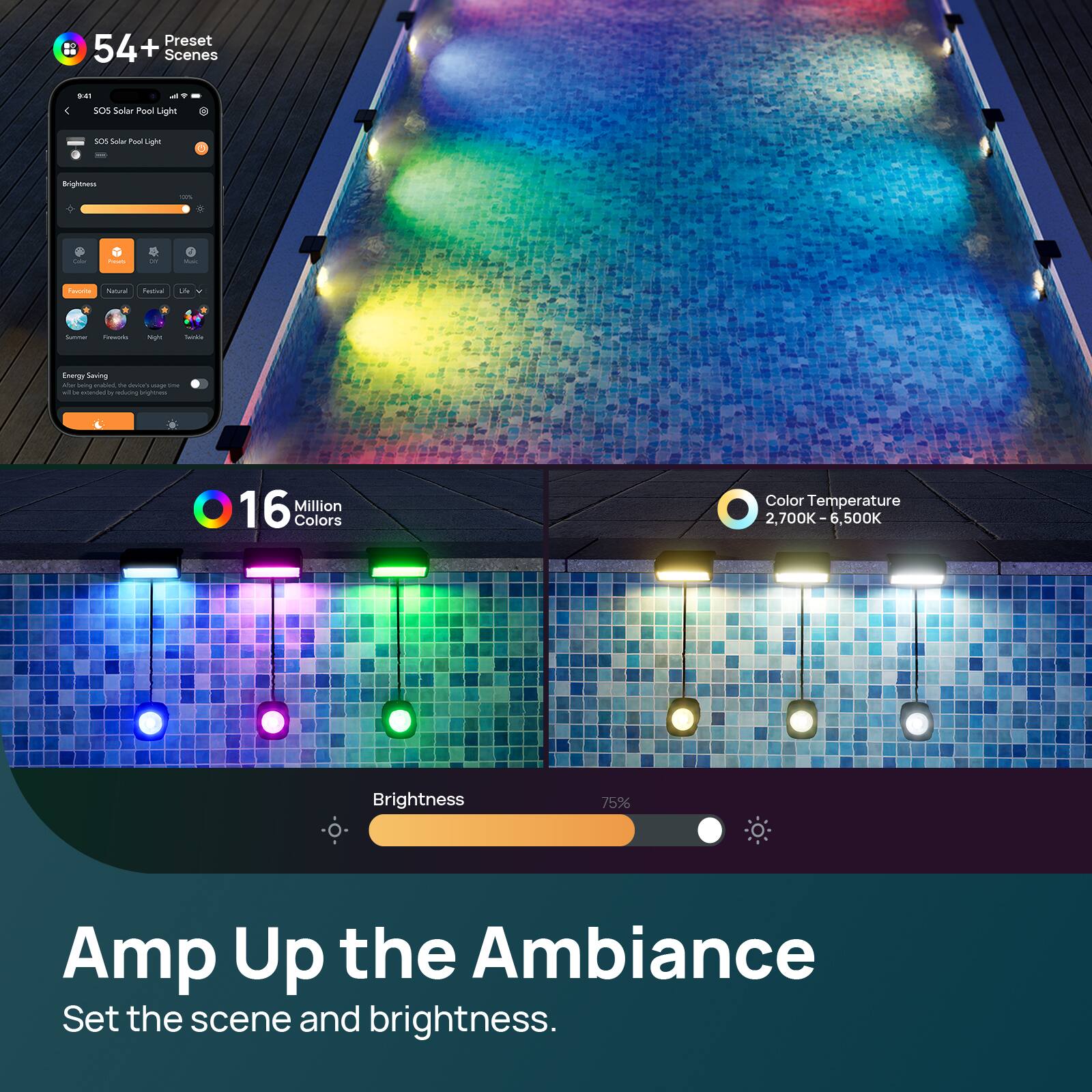 Preset 54+ Scenes:  
- SOS Solar Pool Light  
- Energy Saving  
- 16 Million Colors  
- Color Temperature: 2,700K - 6,500K  
- Brightness: 75%  

Amp Up the Ambiance  
Set the scene and brightness.