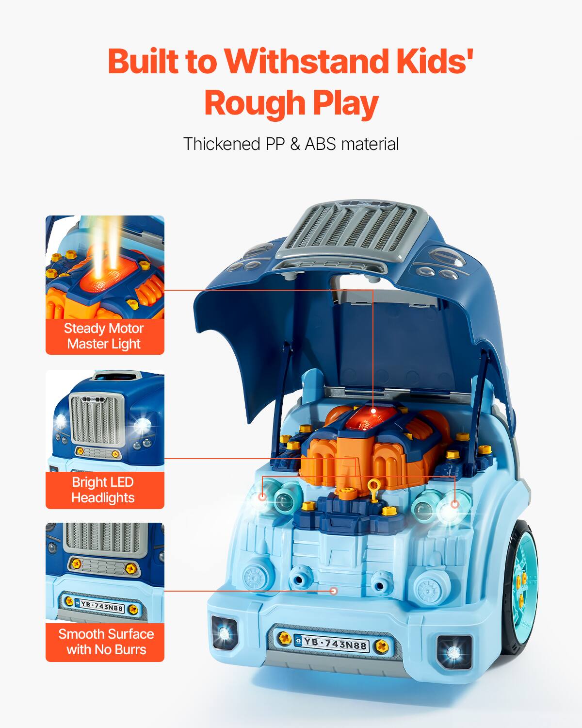 Built to Withstand Kids' Rough Play

Thickened PP & ABS material

- Steady Motor Master Light
- Bright LED Headlights
- Smooth Surface with No Burrs

YE 8-743N88