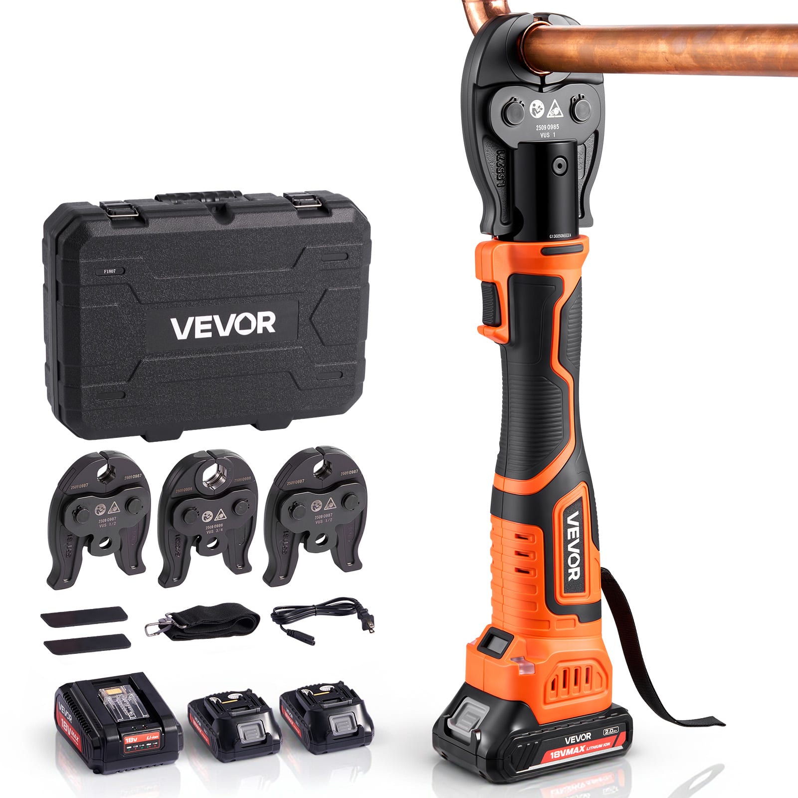 VEVOR - 18V Electric Pipe Crimping Tool for 1/2", 3/4", 1" Copper Tubes, Press Copper Crimper Tool - Black and orange