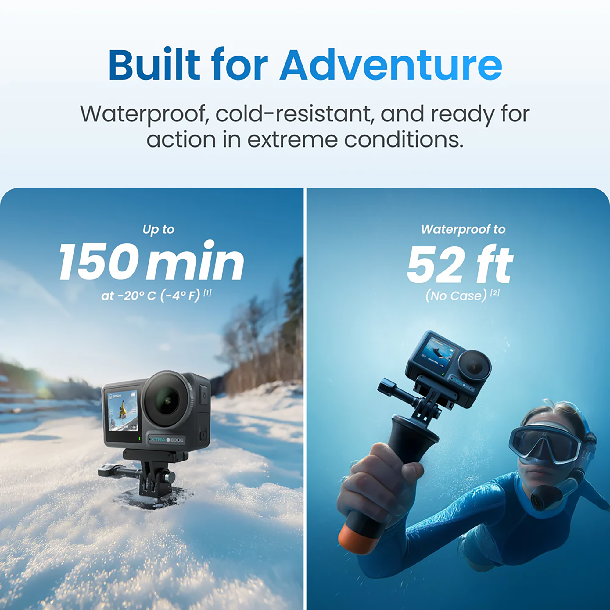 Built for Adventure  
Waterproof, cold-resistant, and ready for action in extreme conditions.  

Up to 150 min at -20°C (-4°F) [1]  
Waterproof to 52 ft (No Case) [2]