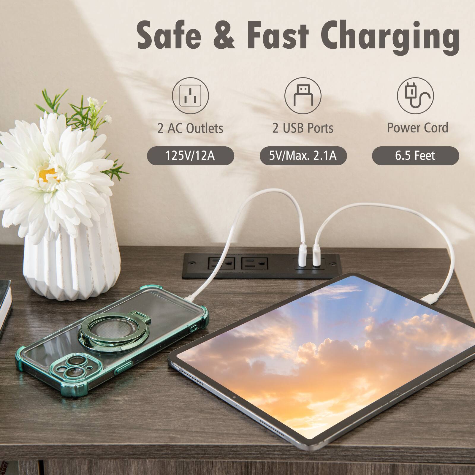 Safe & Fast Charging, 2 AC Outlets 125V/12A, 2 USB Ports 5V/Max. 2.1A, Power Cord 6.5 Feet