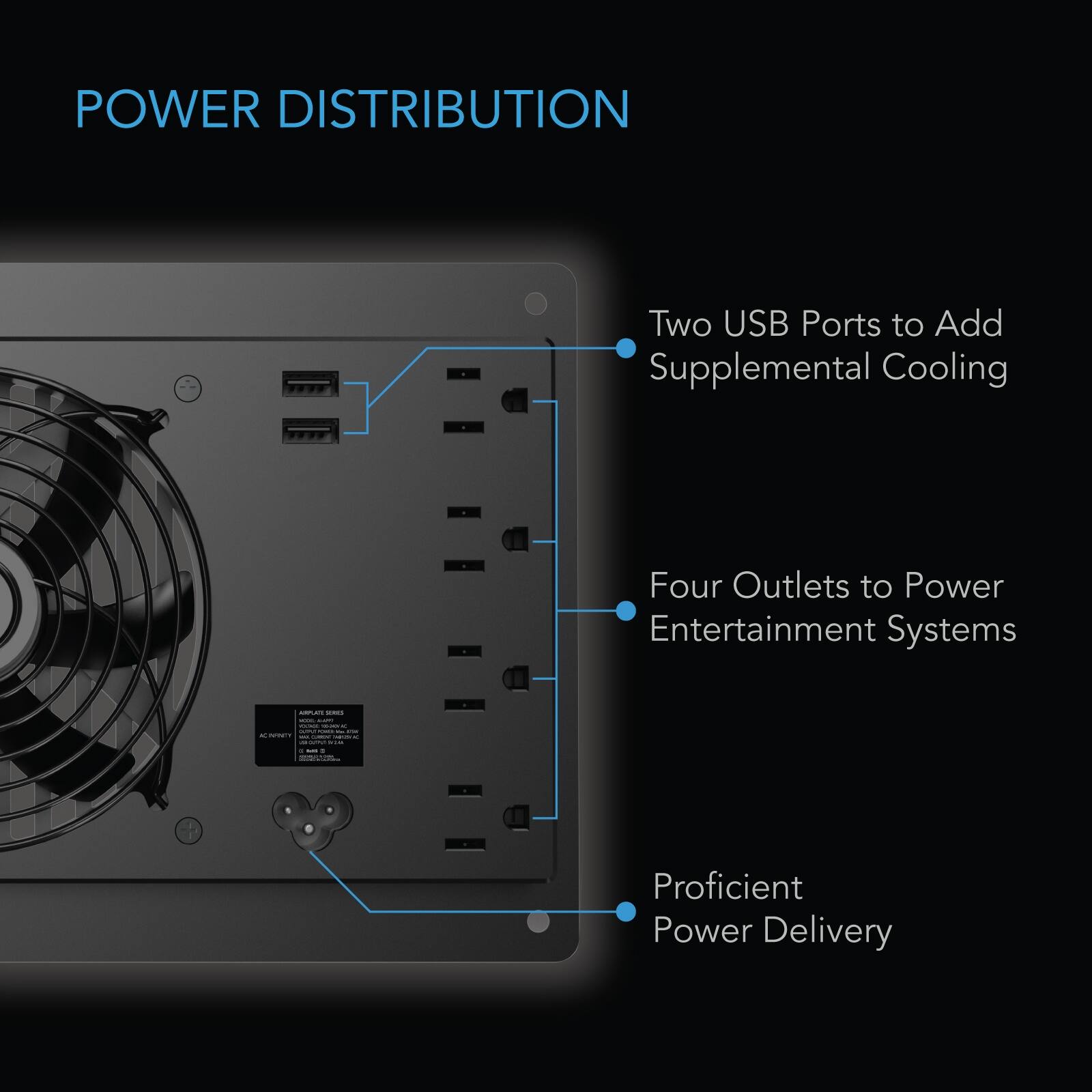 POWER DISTRIBUTION

Two USB Ports to Add Supplemental Cooling

Four Outlets to Power Entertainment Systems

Proficient Power Delivery