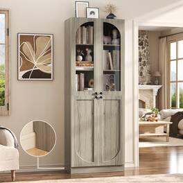 Aheaplus - 80'' Tall Bookcase with Glass Doors, 6-Tier Farmhouse Bookcase with Adjustable Shelves - Wash Gray