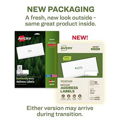NEW PACKAGING  
A fresh, new look outside - same great product inside.

NEW!  
AVERY 48160  
1" x 2" EcoFriendly White Address Labels  
AVERY EcoFriendly 48160 RECYCLED ADDRESS LABELS  
30 Labels  
750 25 WHITE LASER INCET

Either version may arrive during transition.