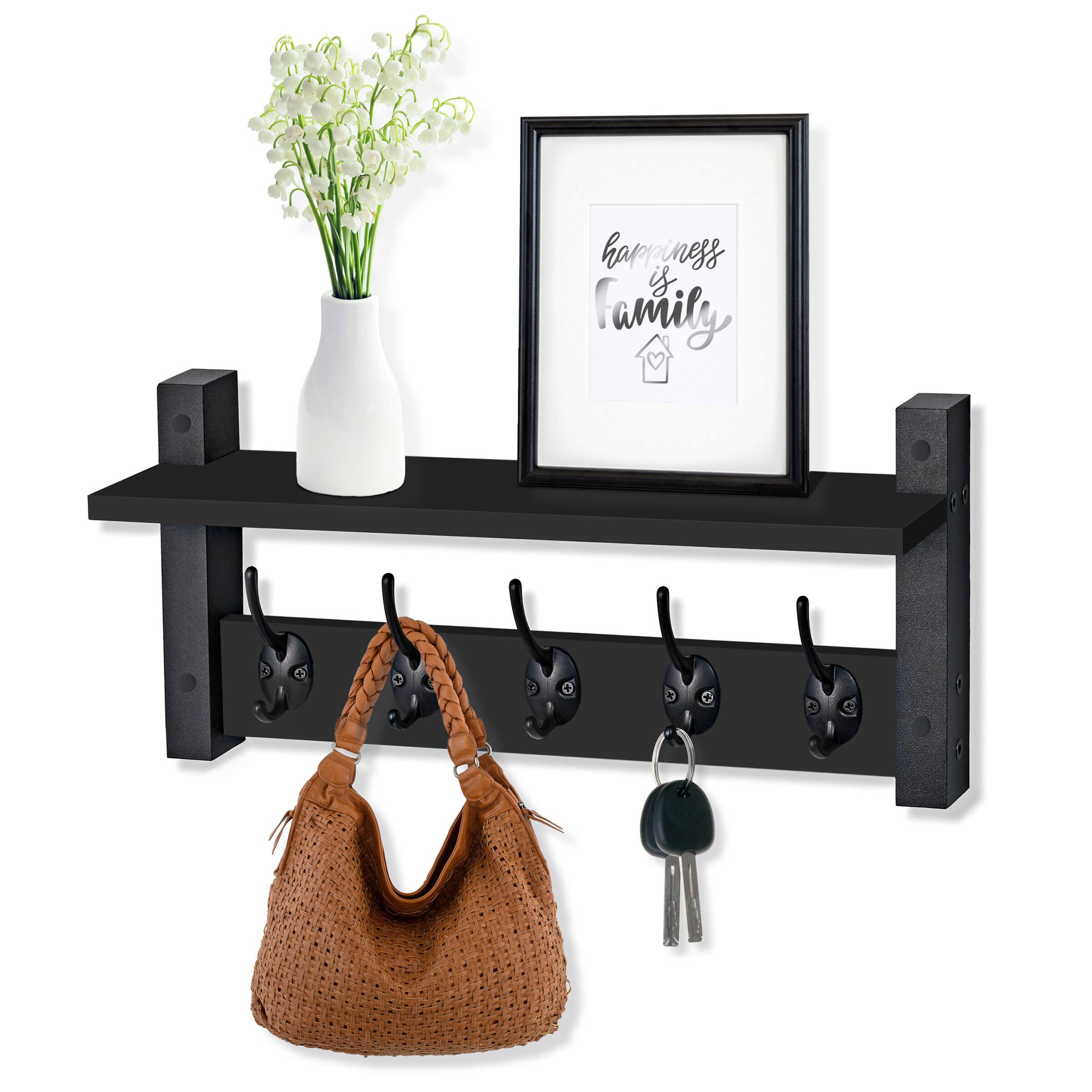 Sorbus - Wall Mount Shelf With Hooks– 16 Inch Coat Rack Wall Mount with 5 for Entryway, Bathroom, Bedroom, Kitchen - Black