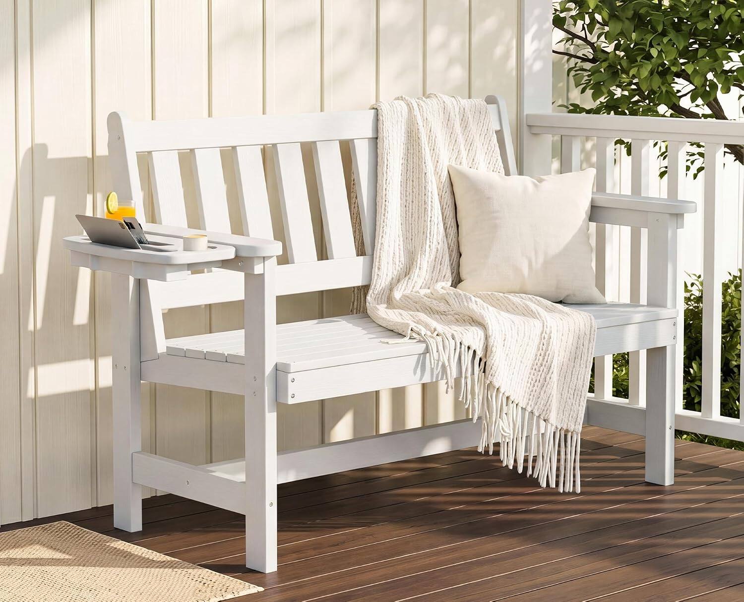 Alt View 8. SERWALL - SERWALL HDPE Outdoor Bench, 660 lbs Weight Capacity Weatherproof Porch Bench for Garden Park, White - White.
