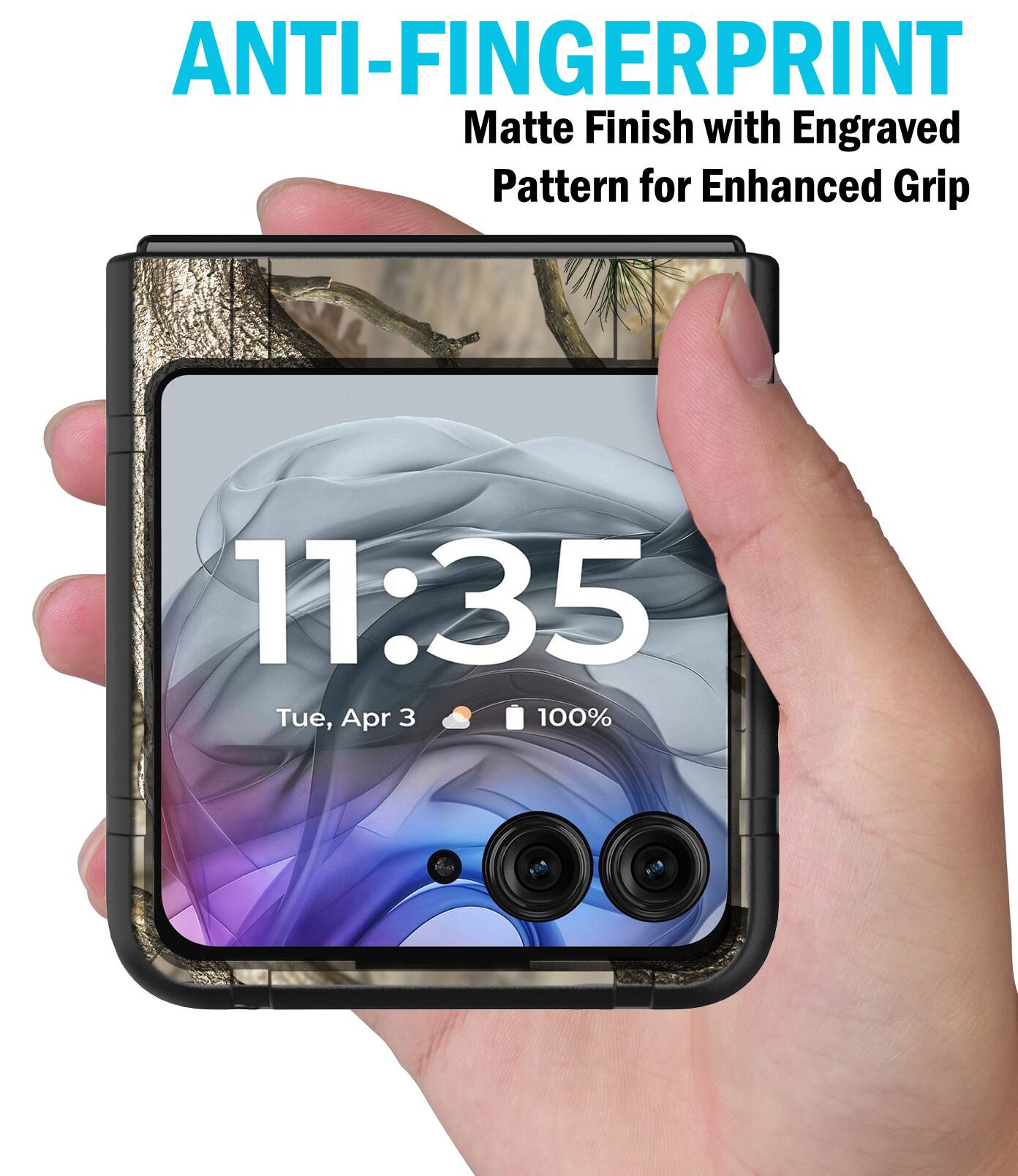 ANTI-FINGERPRINT  
Matte Finish with Engraved Pattern for Enhanced Grip  

11:35  
Tue, Apr 3  
100%