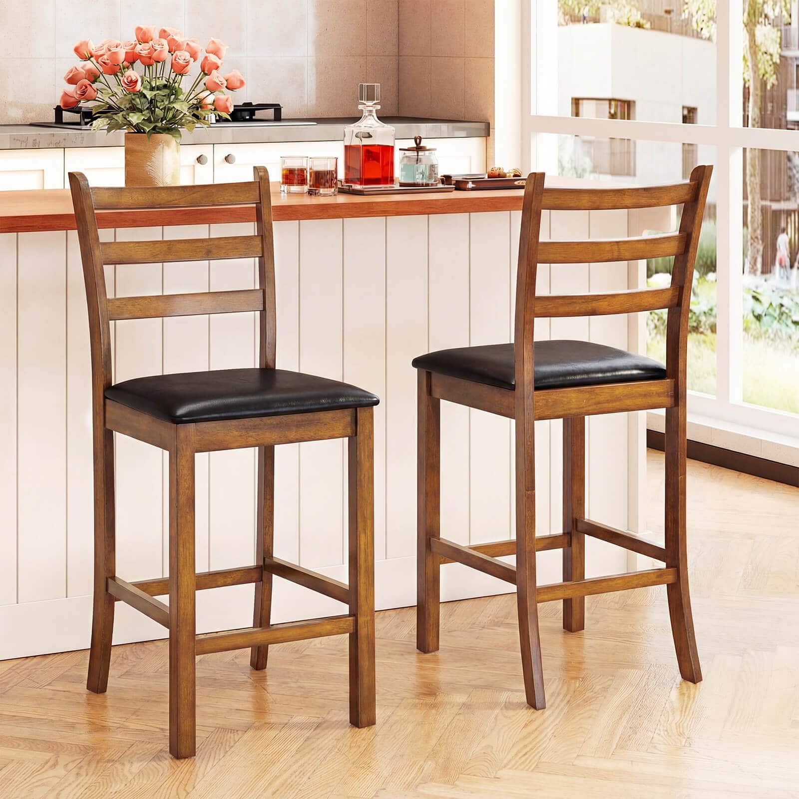 Front. Costway - Costway 24" Rubber Wood Ladder Back Bar Stools Set of 2 with Upholstered Cushioned Seats - Walnut,Black.