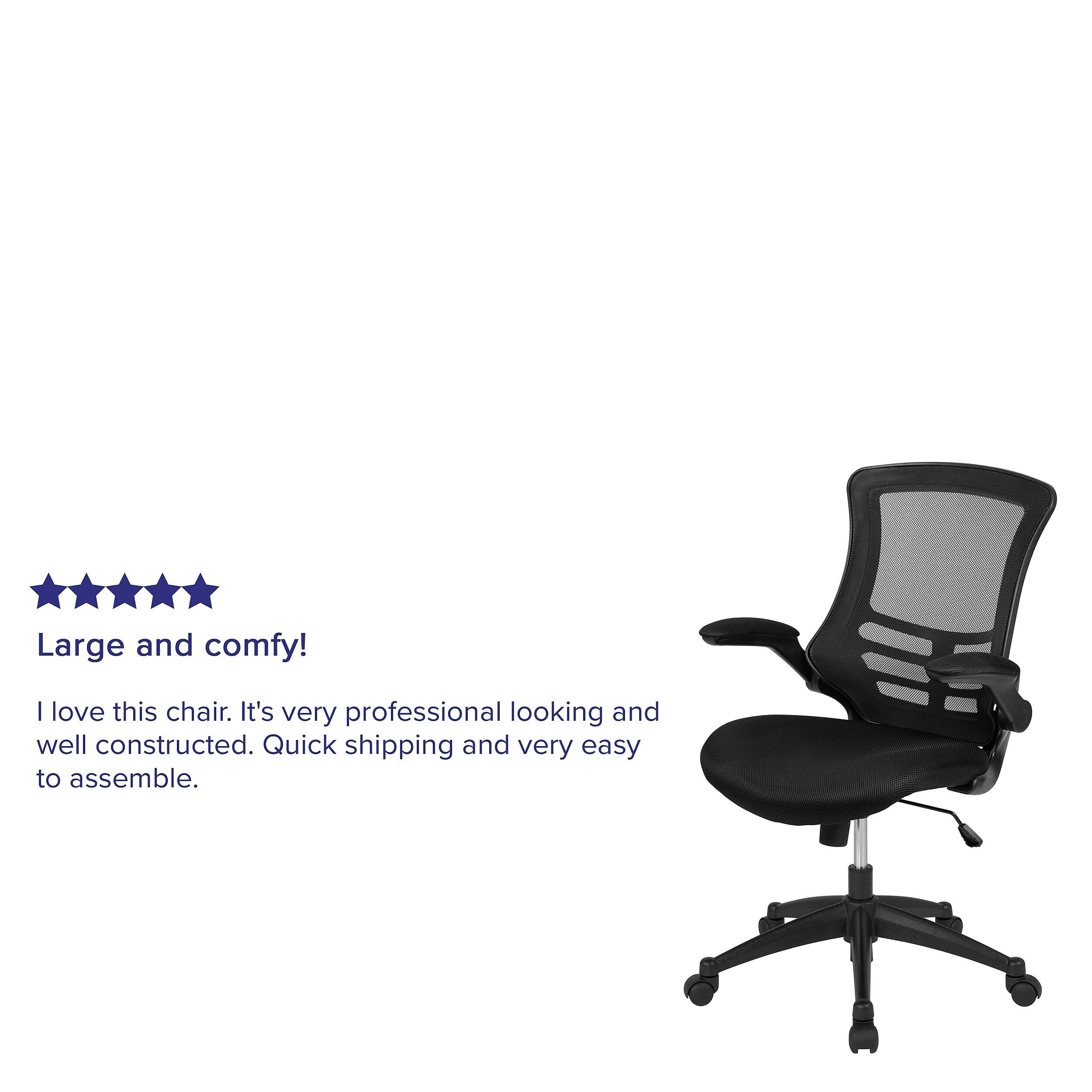 Large and comfy! I love this chair. It's very professional looking and well constructed. Quick shipping and very easy to assemble.
