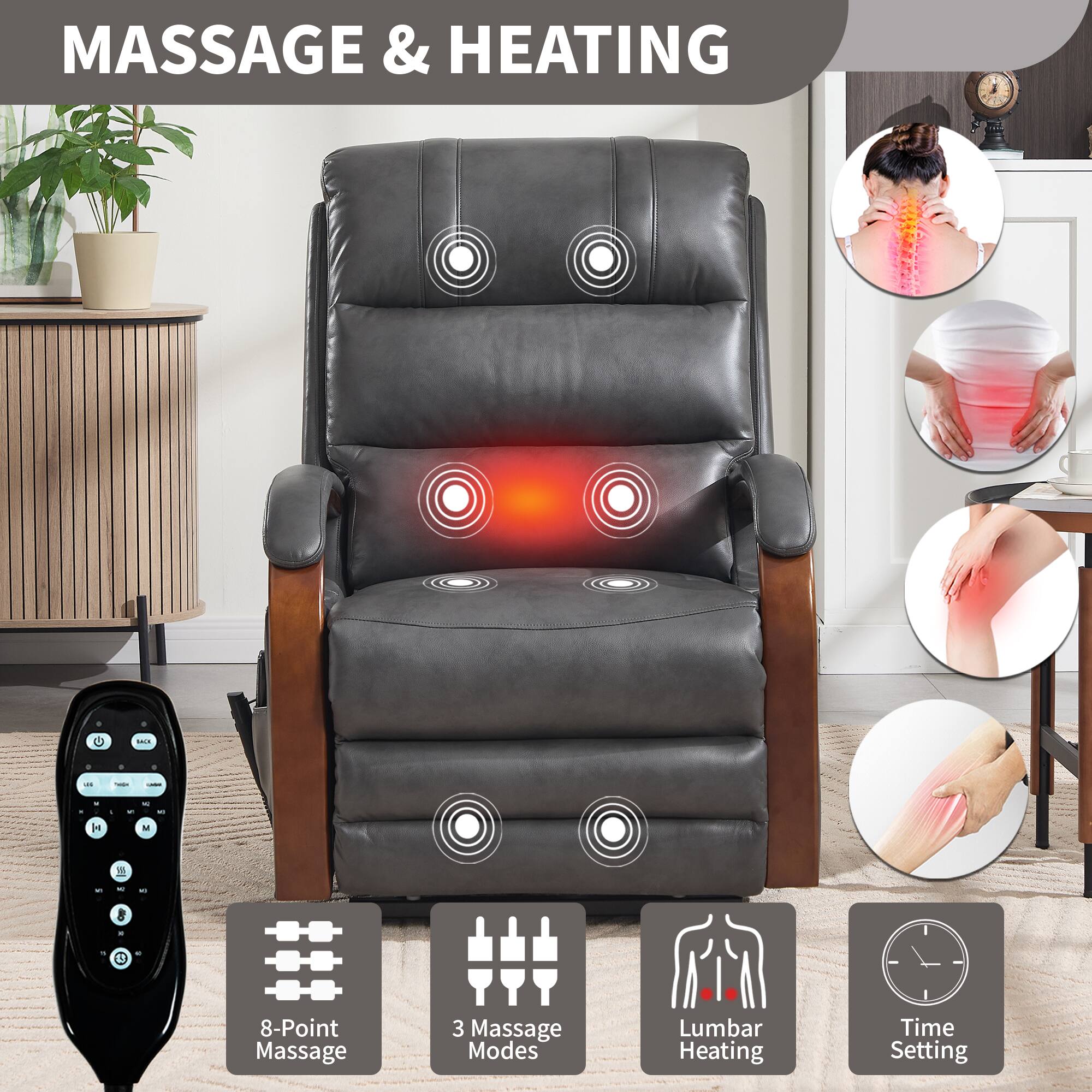 MASSAGE & HEATING

- 8-Point Massage
- 3 Massage Modes
- Lumbar Heating
- Time Setting