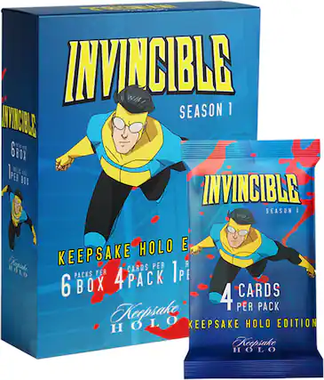 INVINCIBLE SEASON 1
6 BOX
1 RELIC RIBO1
INVINCIBLE SEASON I
KEEPSAKE HOLO E
4 PACKS PER BOX
4 CARDS PER PACK
KEEPSAKE HOLO EDITION