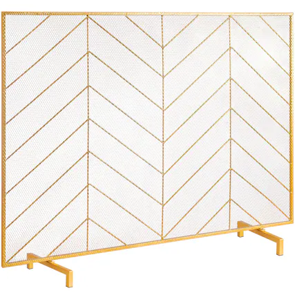 Front. VEVOR - Fireplace Screen Single Panel, Sturdy Iron Mesh Fireplace Screen, 38.6"(L) x29.8"(H) Spark Guard Cover - Gold.