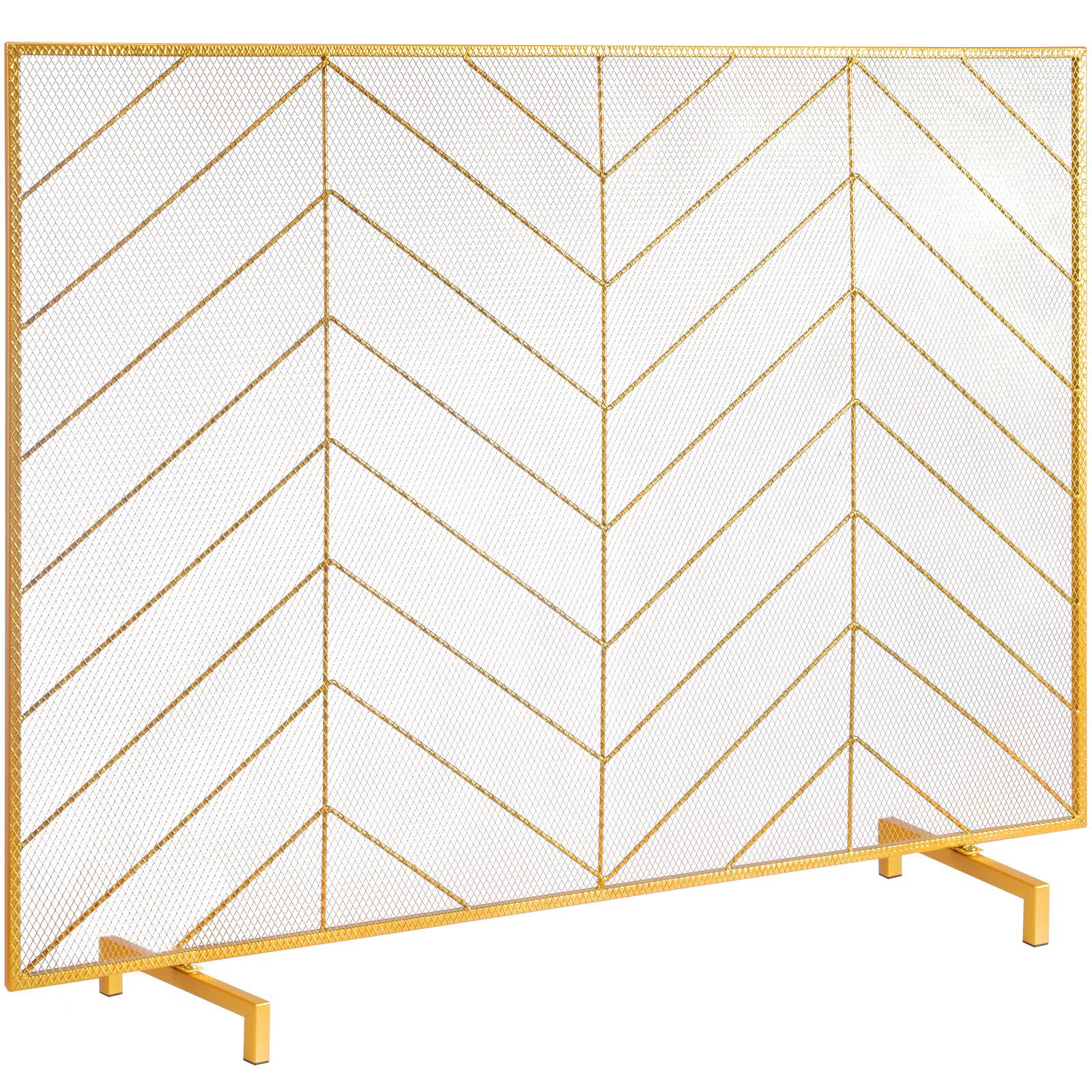 Front. VEVOR - Fireplace Screen Single Panel, Sturdy Iron Mesh Fireplace Screen, 38.6"(L) x29.8"(H) Spark Guard Cover - Gold.