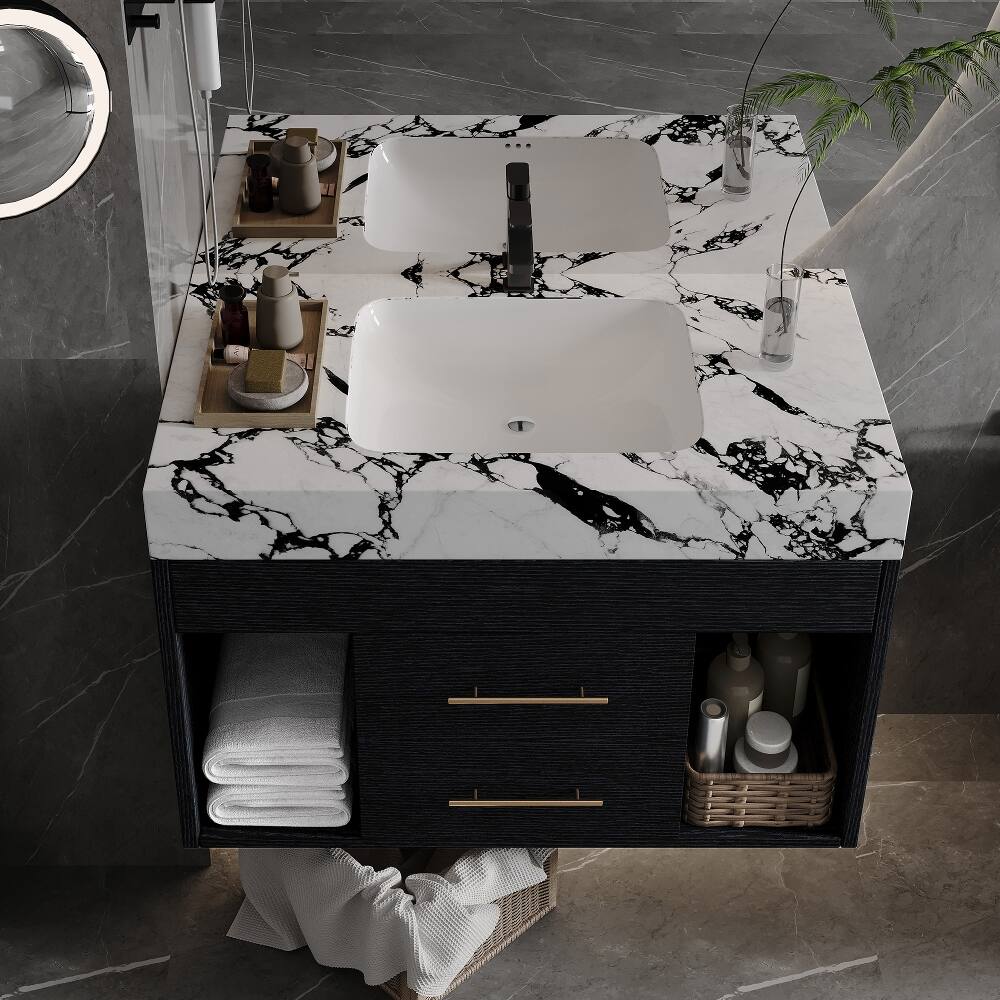 Angle. Loheer - Loheer 29.9 inch floating bathroom vanity with sintered stone top and ceramic undermount sink for small bathrooms - Black.
