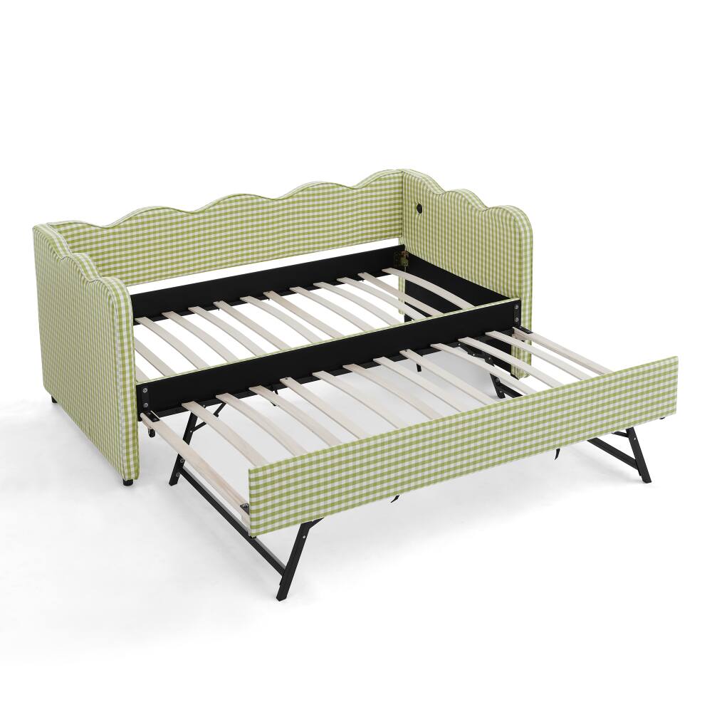 Alt View 5. JUJABU - Green Cozy Gingham Daybed with Twin Size Trundle No Box Spring Needed, with USB Port and Adorable Wave Shaped - Green.