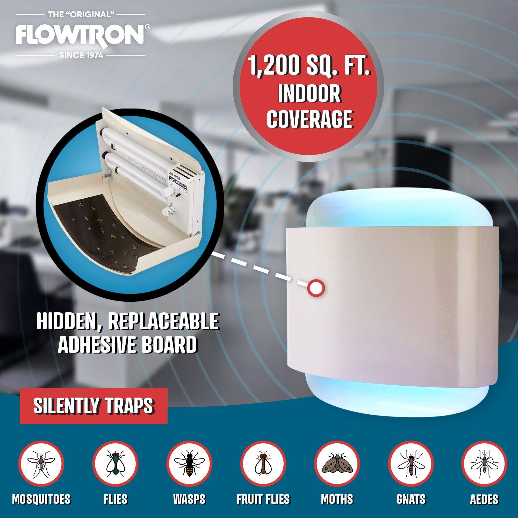 THE "ORIGINAL" FLOWTRON SINCE 1974

1,200 SQ. FT. INDOOR COVERAGE

HIDDEN, REPLACEABLE ADHESIVE BOARD

SILENTLY TRAPS

- MOSQUITOES
- FLIES
- WASPS
- FRUIT FLIES
- MOTHS
- GNATS
- AEDES