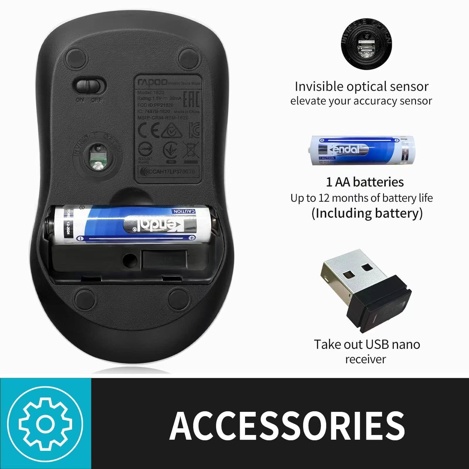 - Invisible optical sensor elevate your accuracy sensor
- 1 AA battery
- Up to 12 months of battery life (Including battery)
- Take out USB nano receiver
- ACCESSORIES
