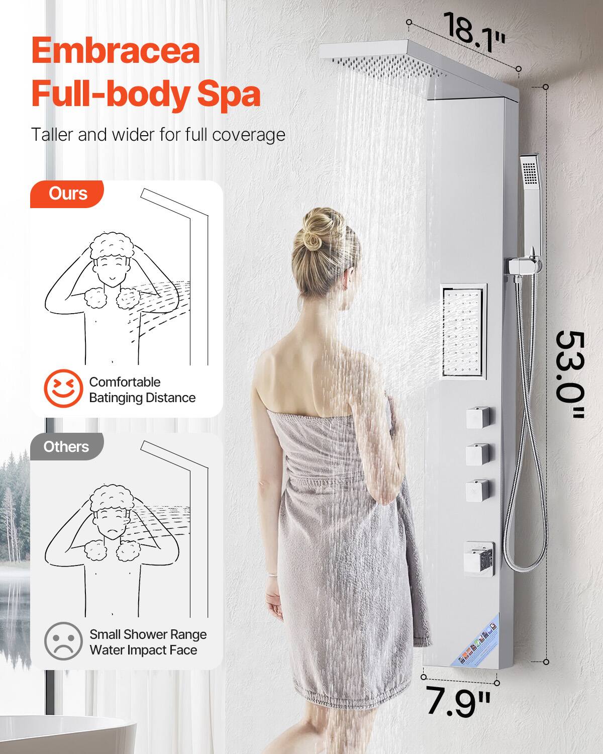 Embracea Full-body Spa  
Taller and wider for full coverage  

Ours  
Comfortable Bathing Distance  

Others  
Small Shower Range  
Water Impact Face  

18.1"  
53.0"  
7.9"