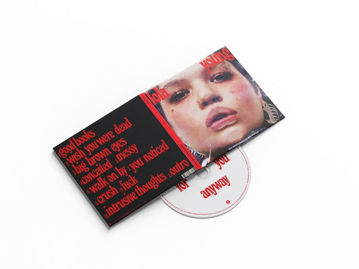 young lola  
good books  
wish you were dead  
big brown eyes  
conceited  
walk on  
fuck  
crush  
intrusive thoughts  
anyway  

you  
for  
outro  

you  
anyway