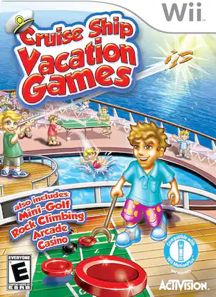 Cruise Ship Vacation Games
Wii™
Includes:
- Mini-Golf
- Rock Climbing
- Arcade
- Casino
Compatible with Wii MotionPlus™ (Sold separately)
EVERYONE
E
Content Rated by ESRB
ACTIVISION - E10+ (Everyone 10+)