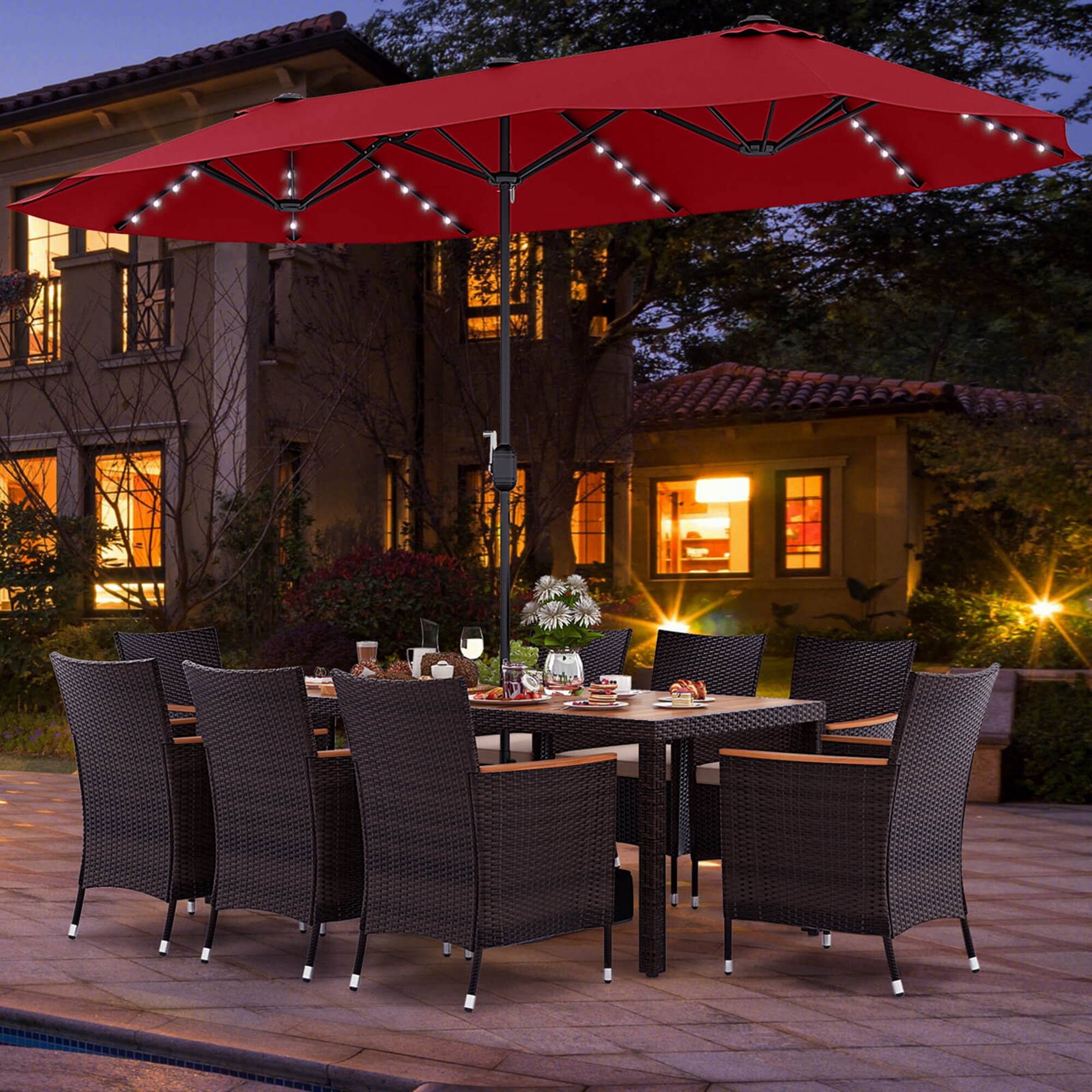 Alt View 3. Costway - 11 PCS Patio Dining Set with 15ft Double-Sided Patio Umbrella (Base Included) - Mix Brown + Wine.