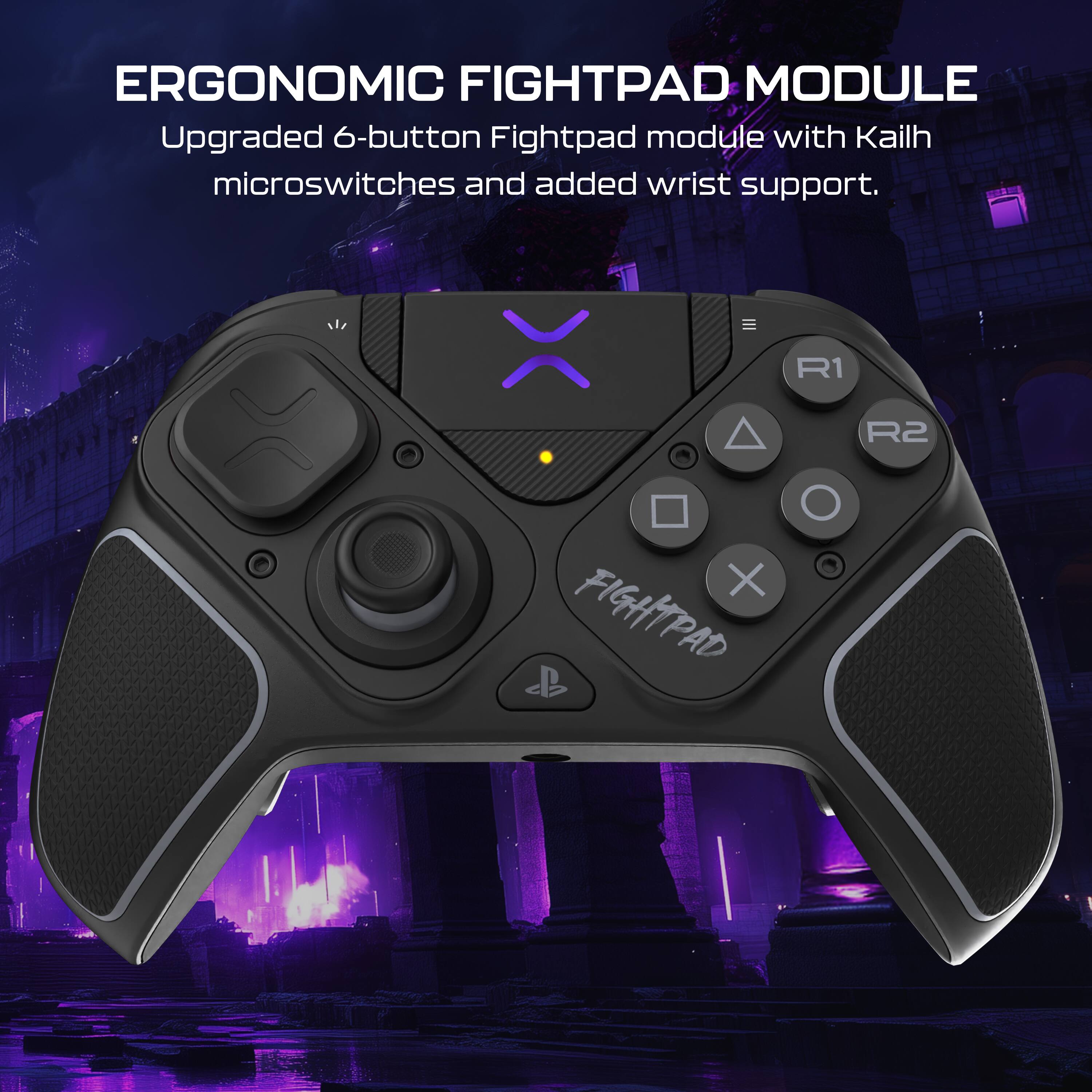 ERGONOMIC FIGHTPAD MODULE
Upgraded 6-button Fightpad module with Kailh microswitches and added wrist support.
R2 X FIGHTPAD
