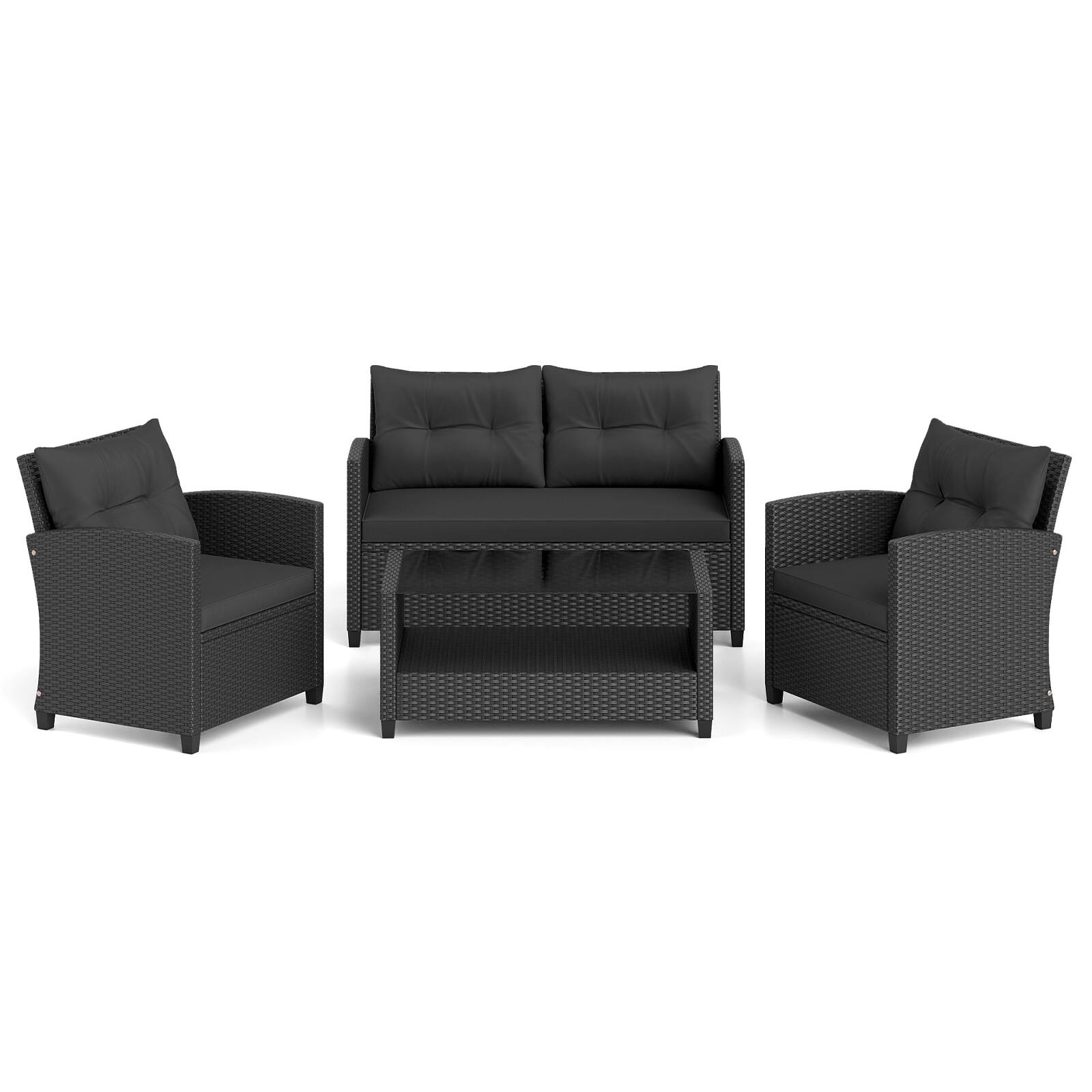 Alt View 9. Costway - Costway 4 PCS Outdoor Rattan Furniture Set Cushioned Sofa Armrest Table with Lower Shelf - Mix Black+Black.